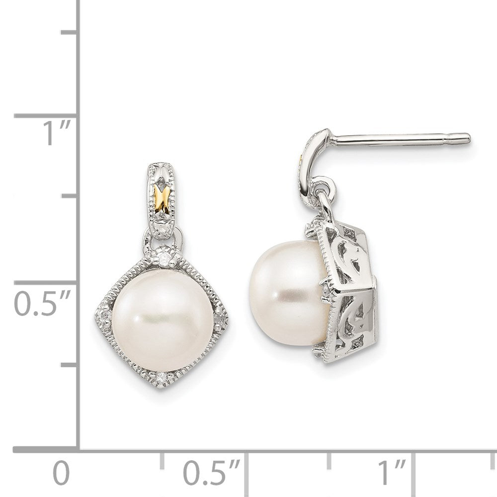 Shey Couture Sterling Silver Rhodium-plated with 14K Accent 7.5-8mm Freshwater Cultured Pearl and Diamond Dangle Post Earr...