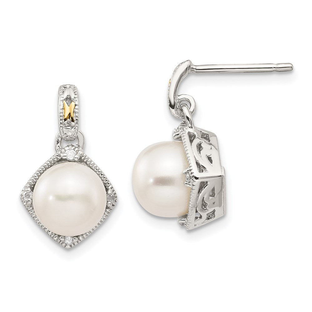 Shey Couture Sterling Silver Rhodium-plated with 14K Accent 7.5-8mm Freshwater Cultured Pearl and Diamond Dangle Post Earr...