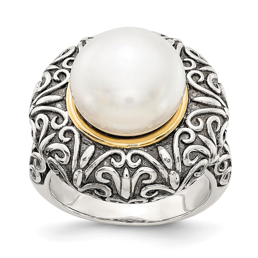 Sterling Silver w/14k 12mm FW Cultured Pearl Ring