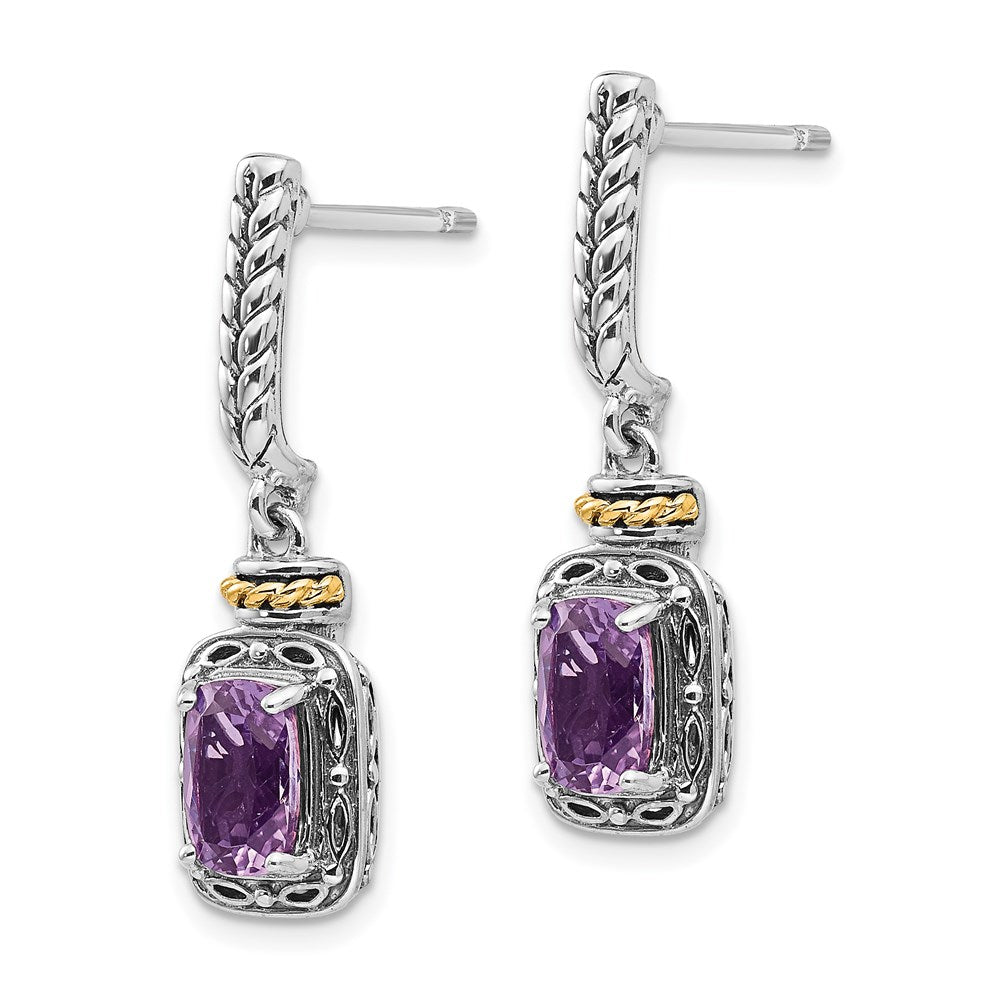 Shey Couture Sterling Silver with 14K Accent Antiqued Cushion Amethyst Post Dangle Earrings
