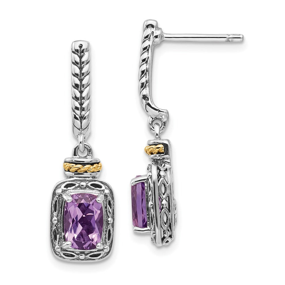 Shey Couture Sterling Silver with 14K Accent Antiqued Cushion Amethyst Post Dangle Earrings