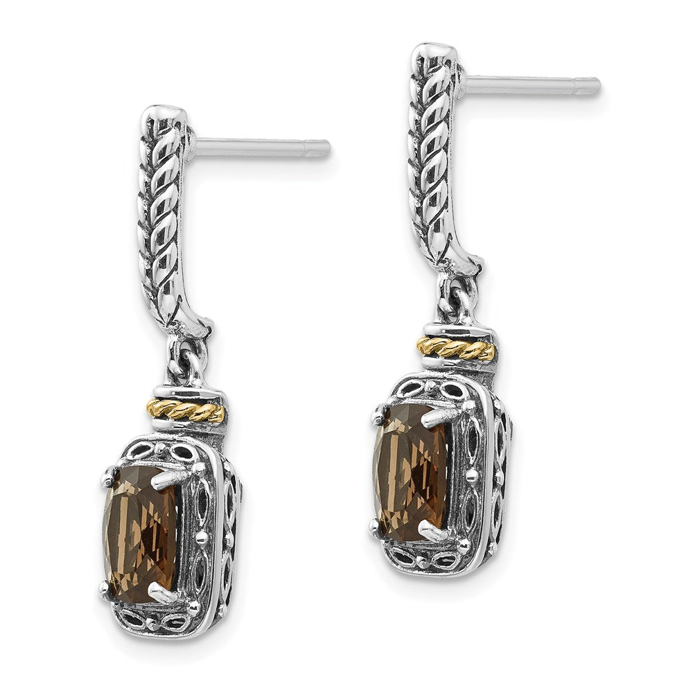 Shey Couture Sterling Silver with 14K Accent Antiqued Cushion Smoky Quartz Post Dangle Earrings