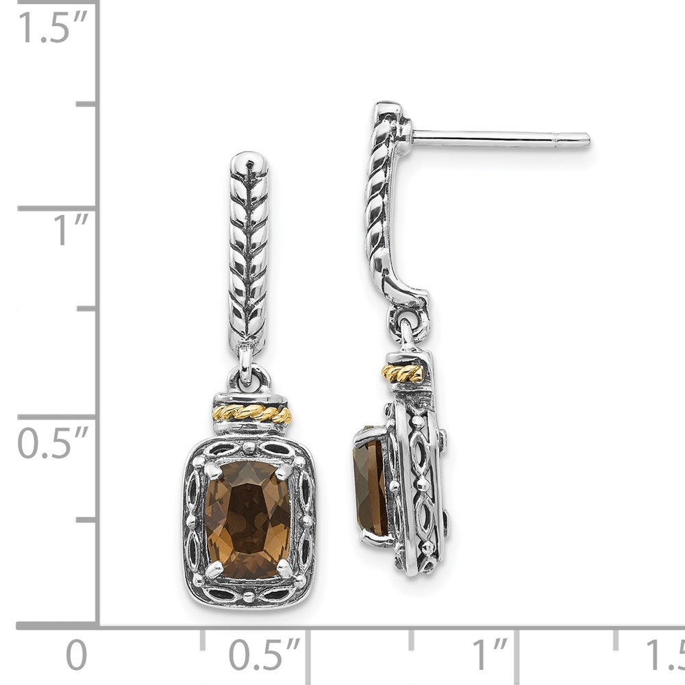 Shey Couture Sterling Silver with 14K Accent Antiqued Cushion Smoky Quartz Post Dangle Earrings