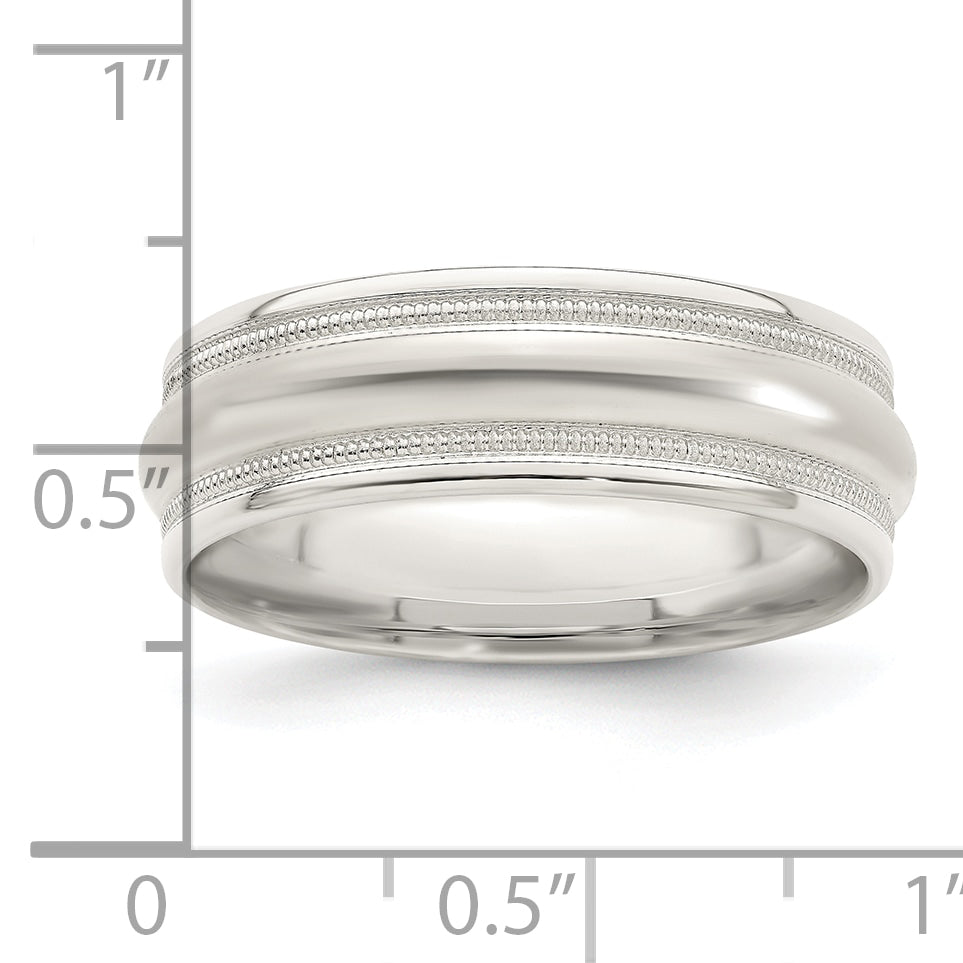 Sterling Silver 7mm Polished Domed Double Milgrain Fancy Band Size 9.5