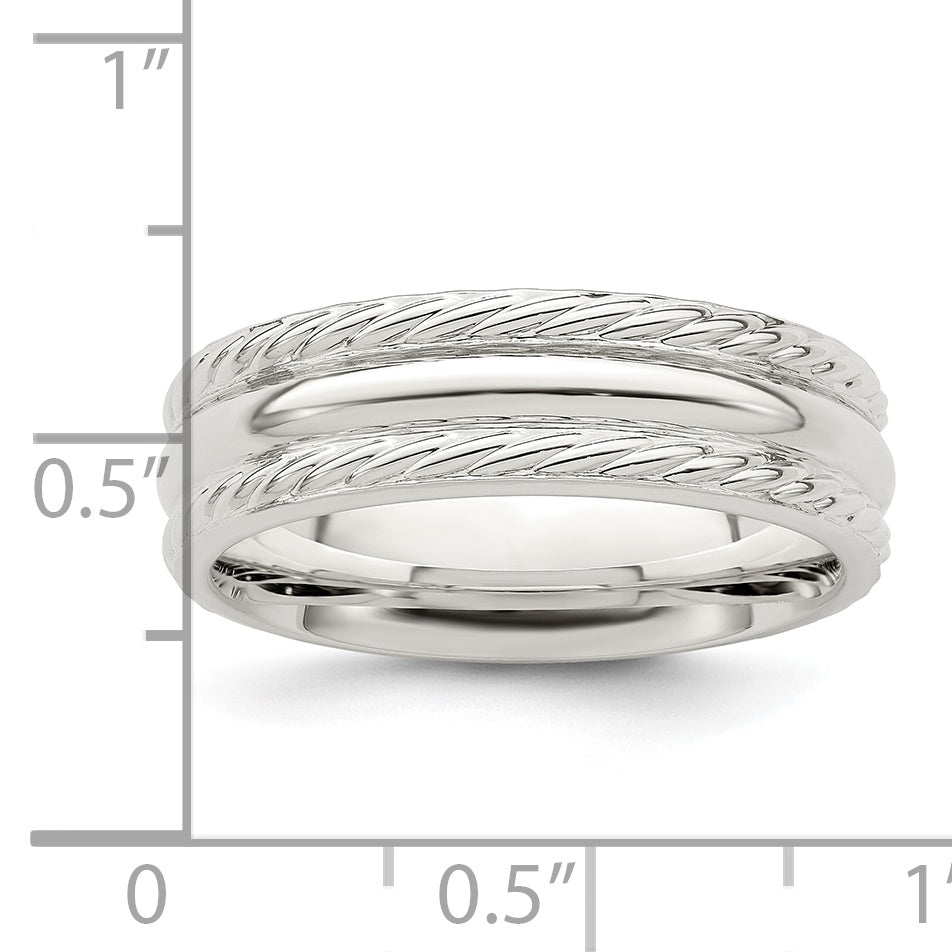 Sterling Silver 6mm Polished Domed Rope Edge Fancy Band Size 7