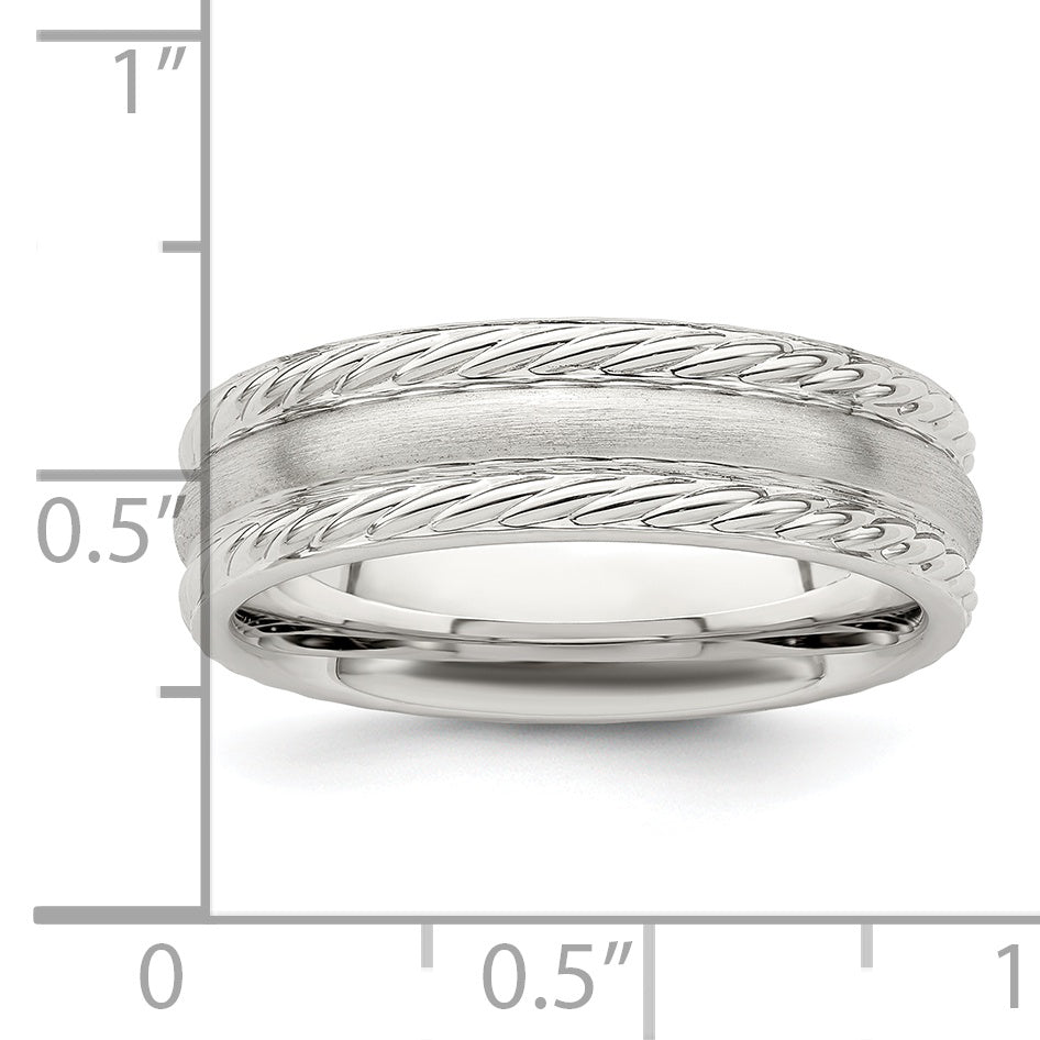 Sterling Silver 6mm Brushed Domed Rope Edge Fancy Band Size 7