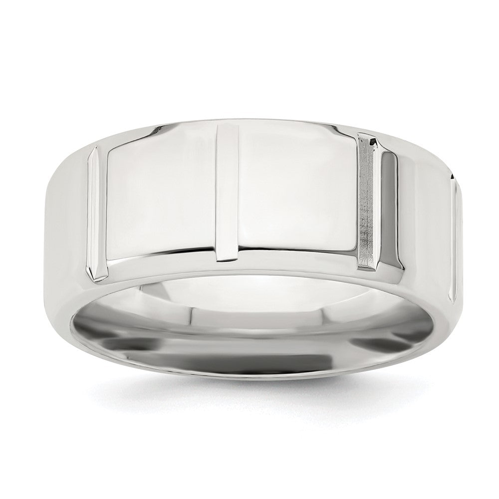 Sterling Silver 8mm Polished Flat Notched Beveled Edge Fancy Band Size 13