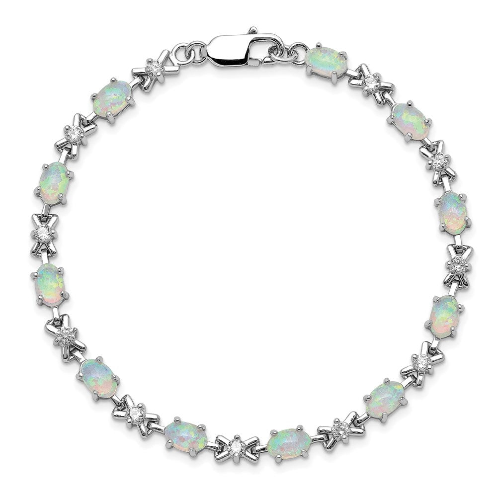 Sterling Silver Rhodium Plated 7inch CZ/Created Opal XO Bracelet