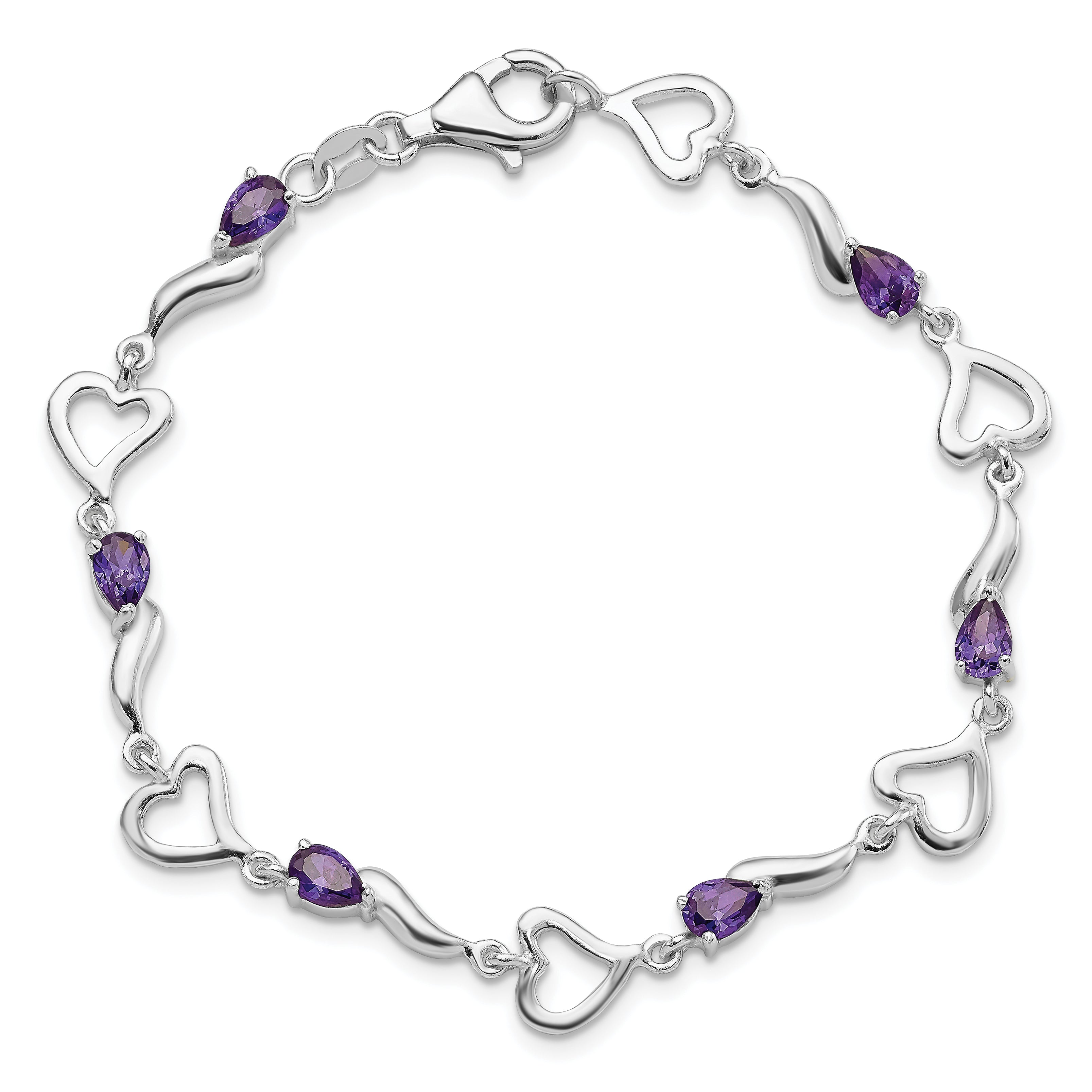 Sterling Silver Rhodium-plated Amethyst Polished Fancy Heart Bracelet