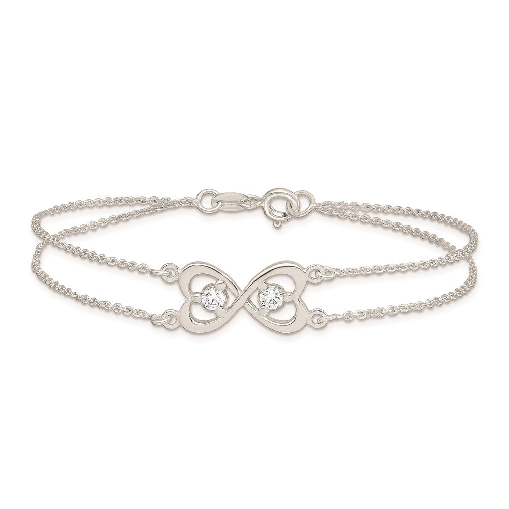 Sterling Silver Polished CZ Heart Two-strand Bracelet