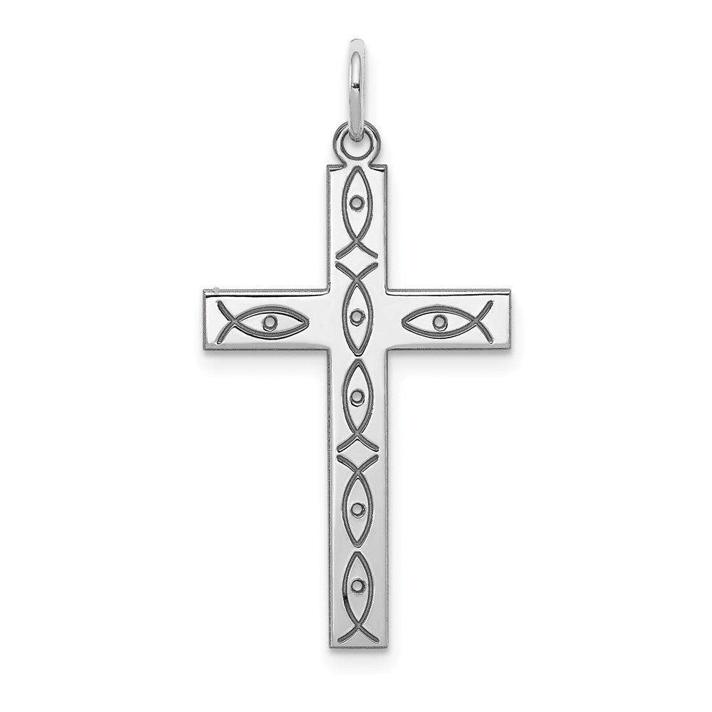 Sterling Silver Rhodium-plated Laser Designed Cross Pendant