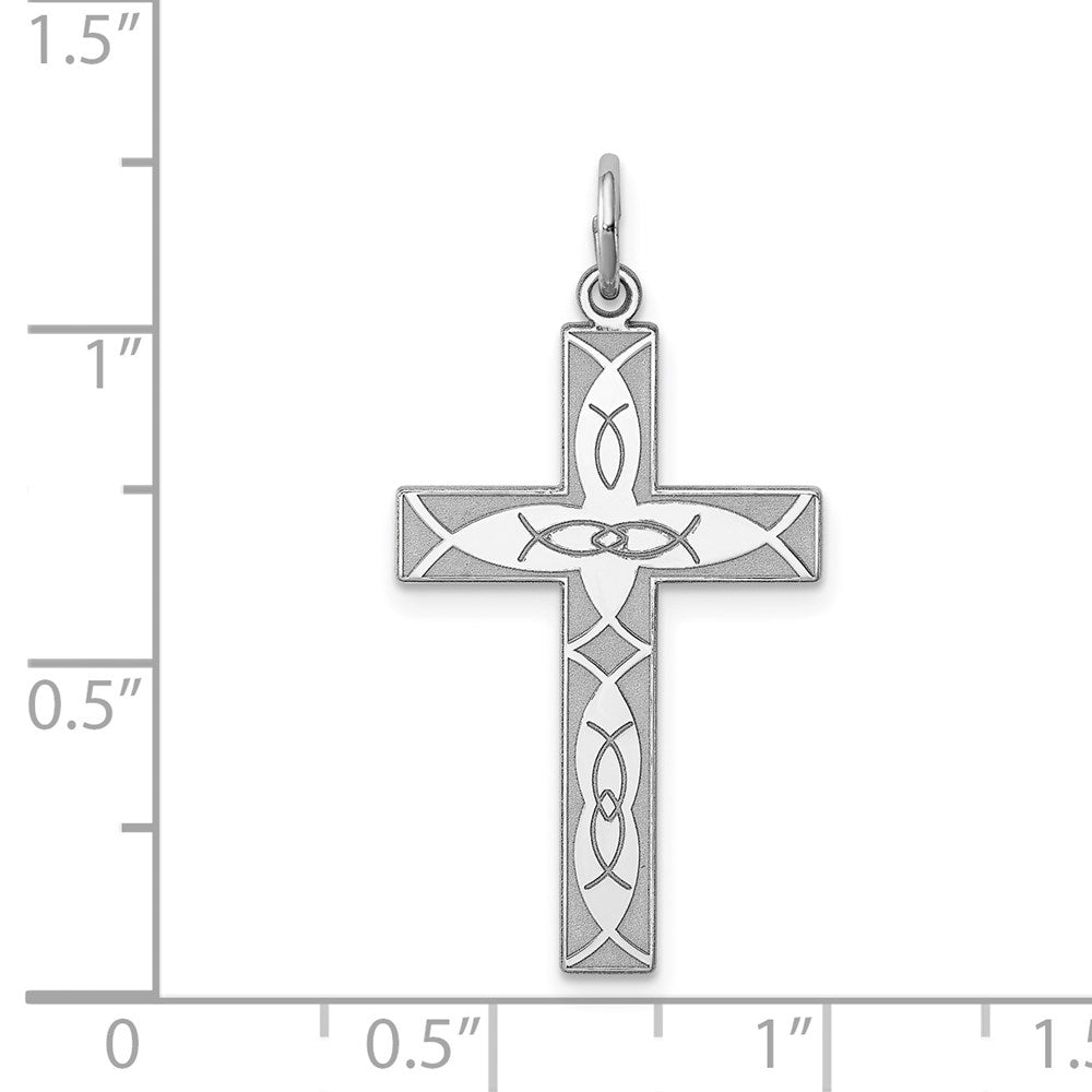 Sterling Silver Rhodium-plated Laser Designed Cross Pendant