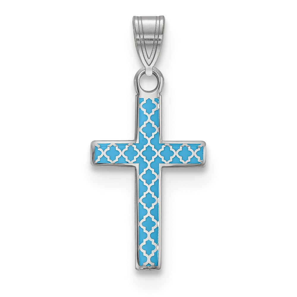 Sterling Silver Rhodium-plated Blue Enameled Cross Hatch Cross Charm