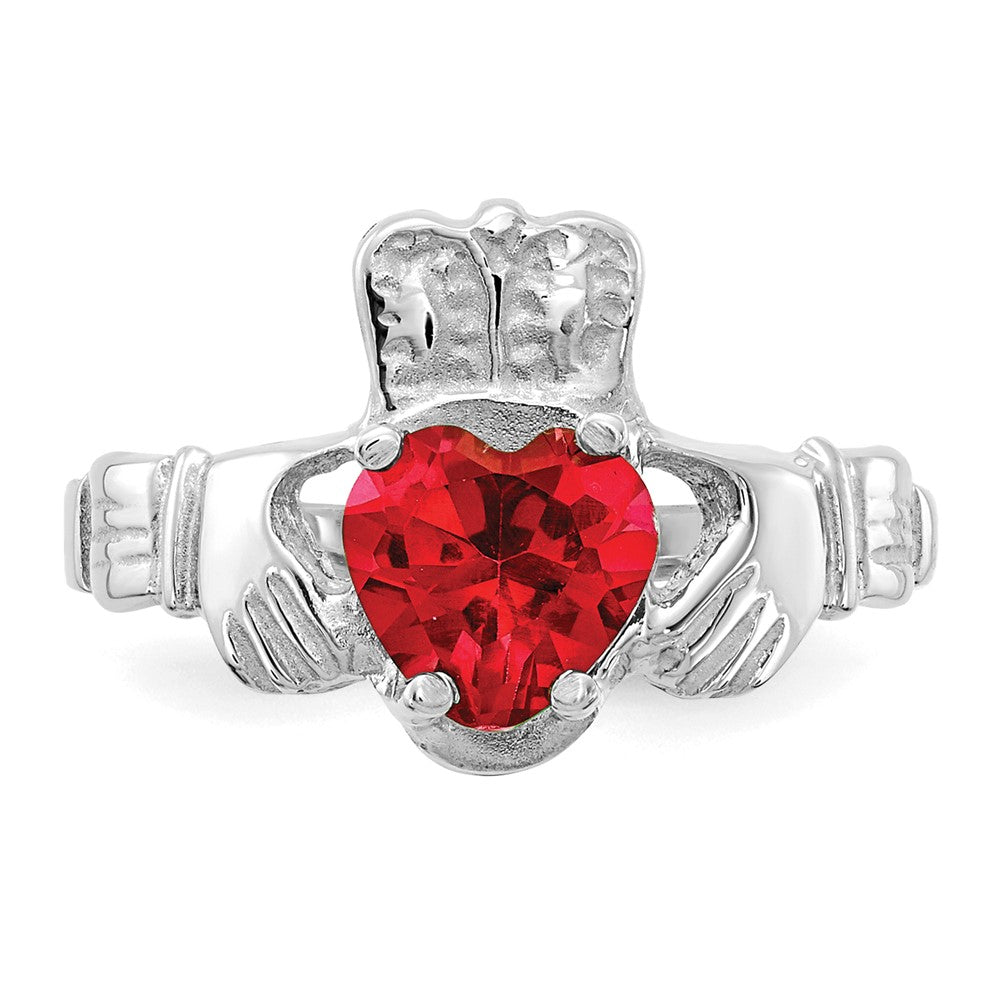 14k White Gold July CZ Birthstone Claddagh Ring