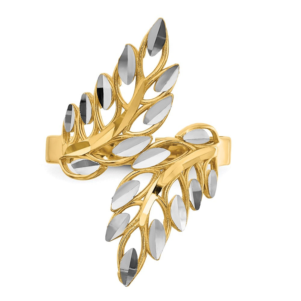 14k w/ White Rhodium Diamond-cut Leaves Ring