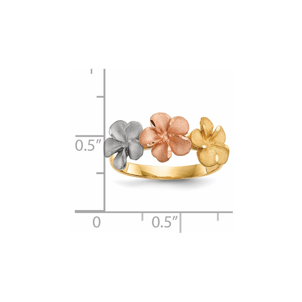 14k Two-tone w/White Rhodium Satin D/C 3-Plumerias Ring