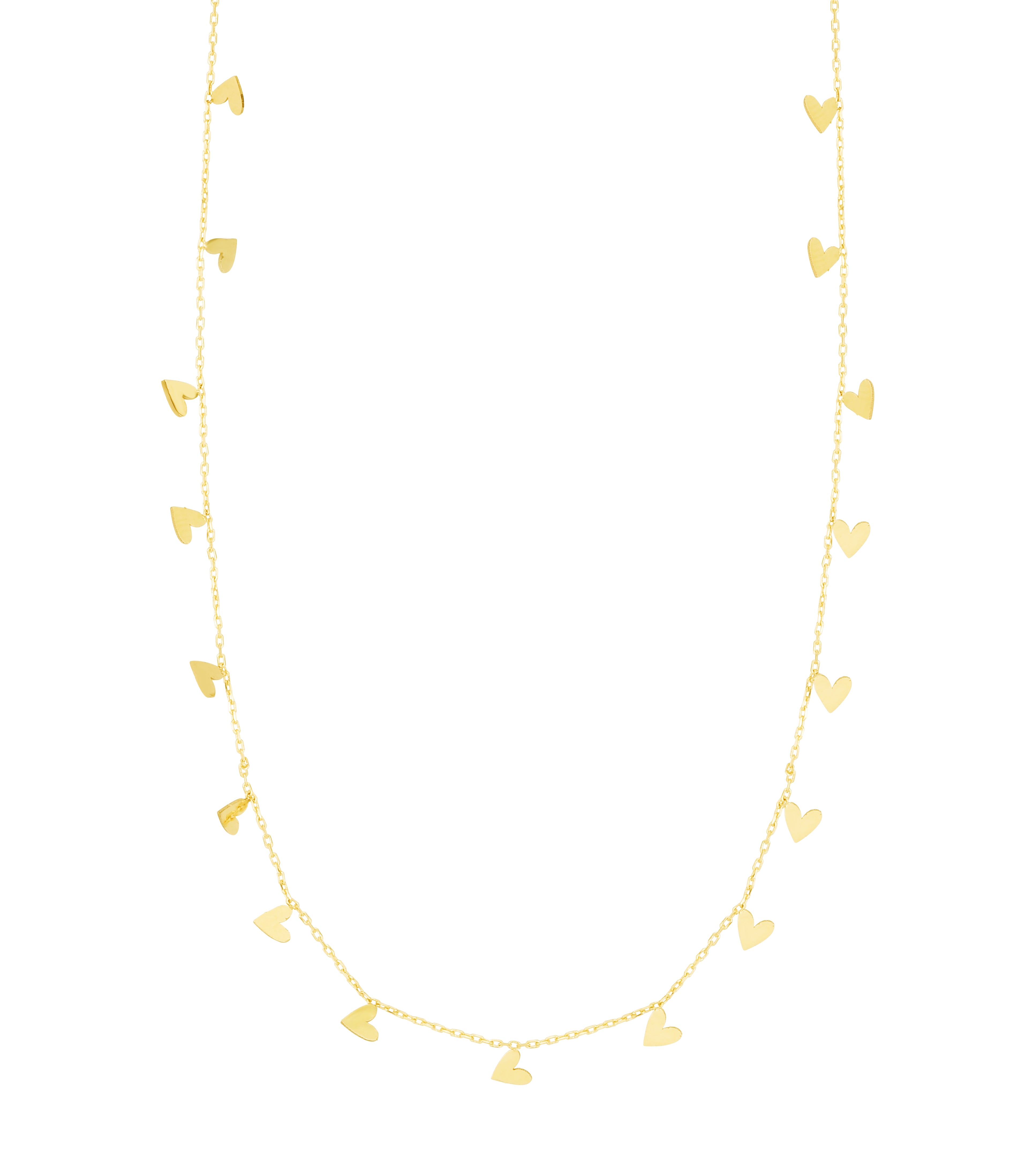 14K Yellow Gold Dangling Hearts 18" Necklace with Spring Ring Clasp.