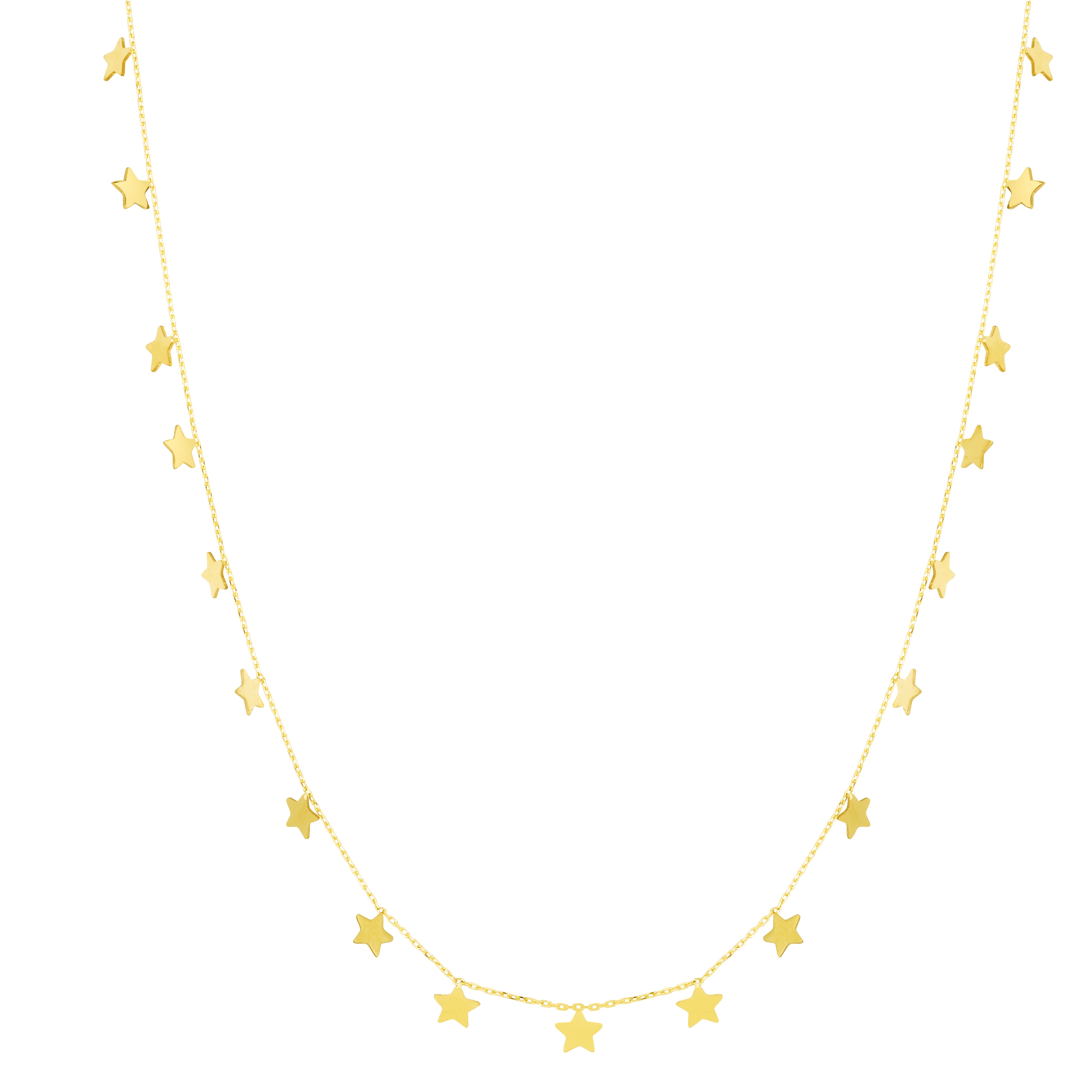 14K Yellow Gold Dangling Stars 18" Necklace with Spring Ring Clasp.