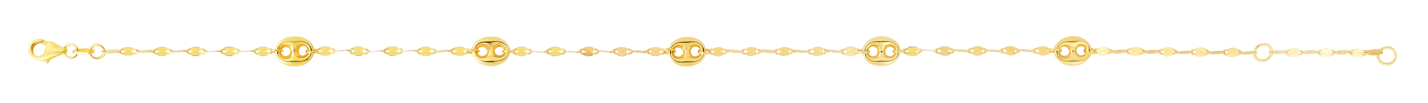 14K Yellow Gold 10" Mirror Chain and Puffed Mariner Station Anklet
