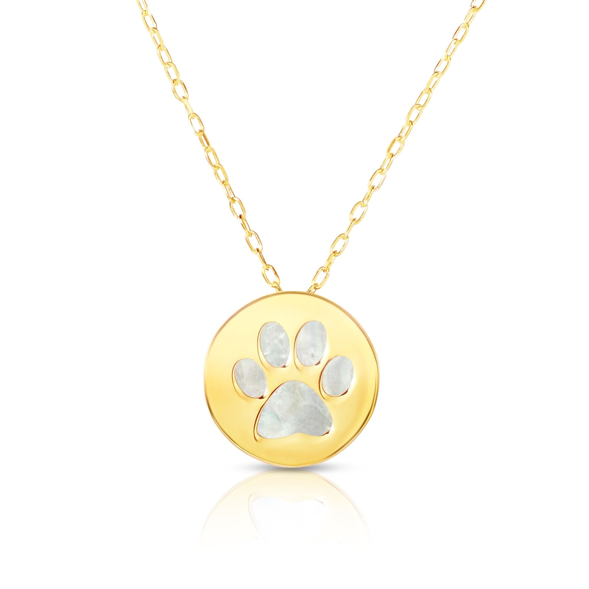 14K Yellow Gold 18" Paw Print Mother of Pearl Necklace