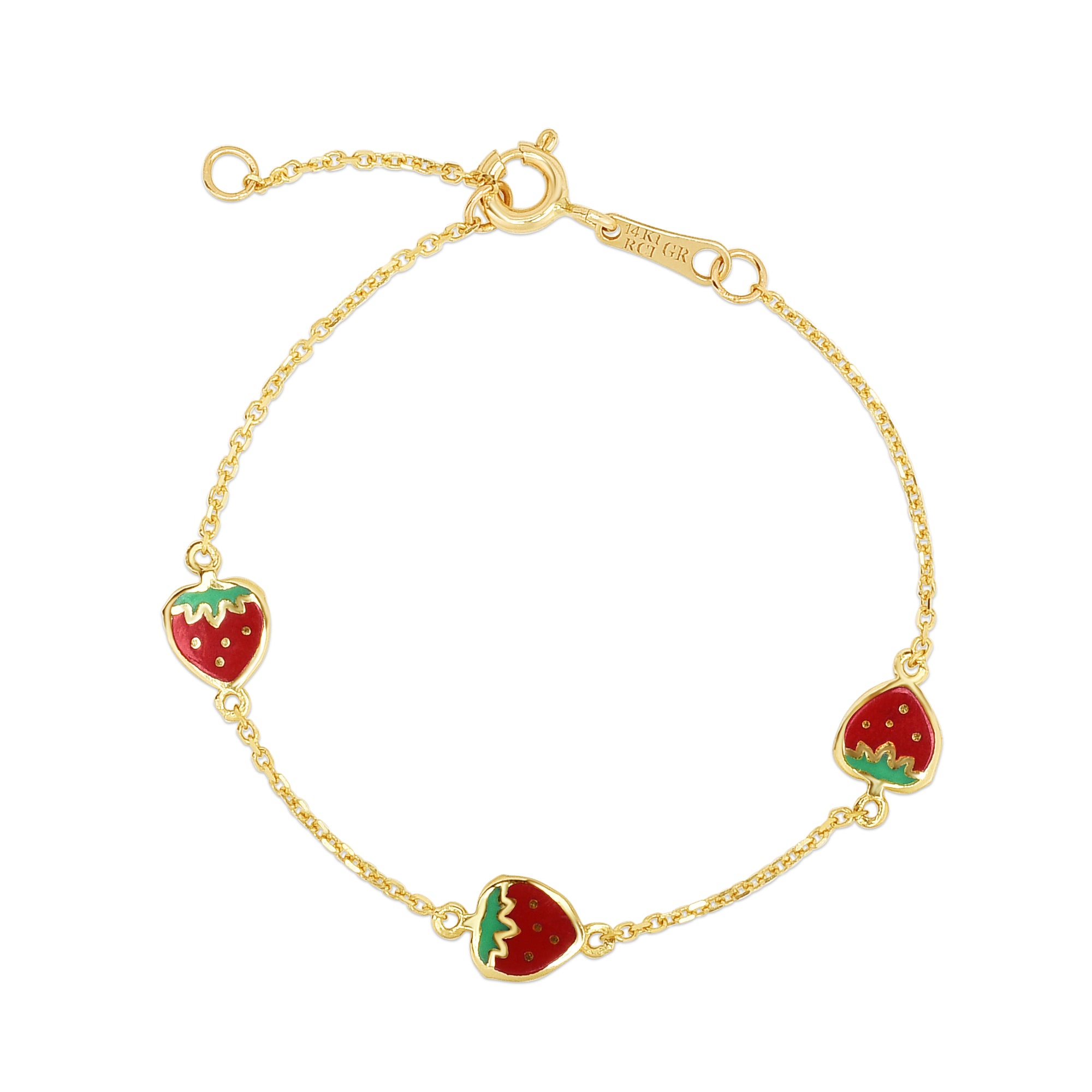 14K Yellow Gold 5.5" Children's Enamle Strawberry Bracelet