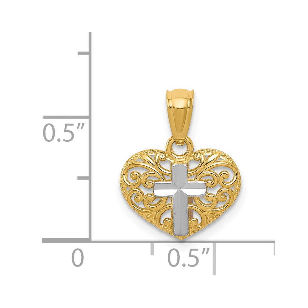 14k w/Rhodium Cross in Heart Pendant