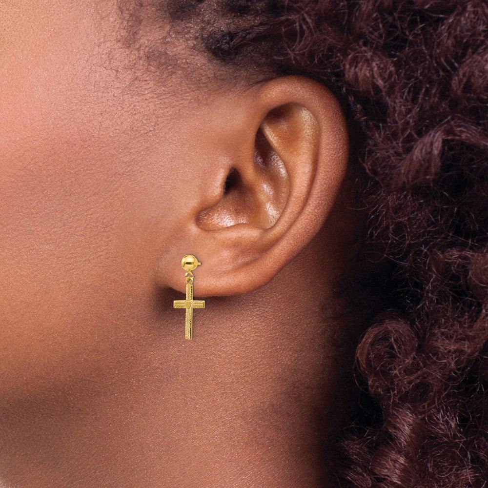 14k Polished & Satin Cross Dangle Earrings