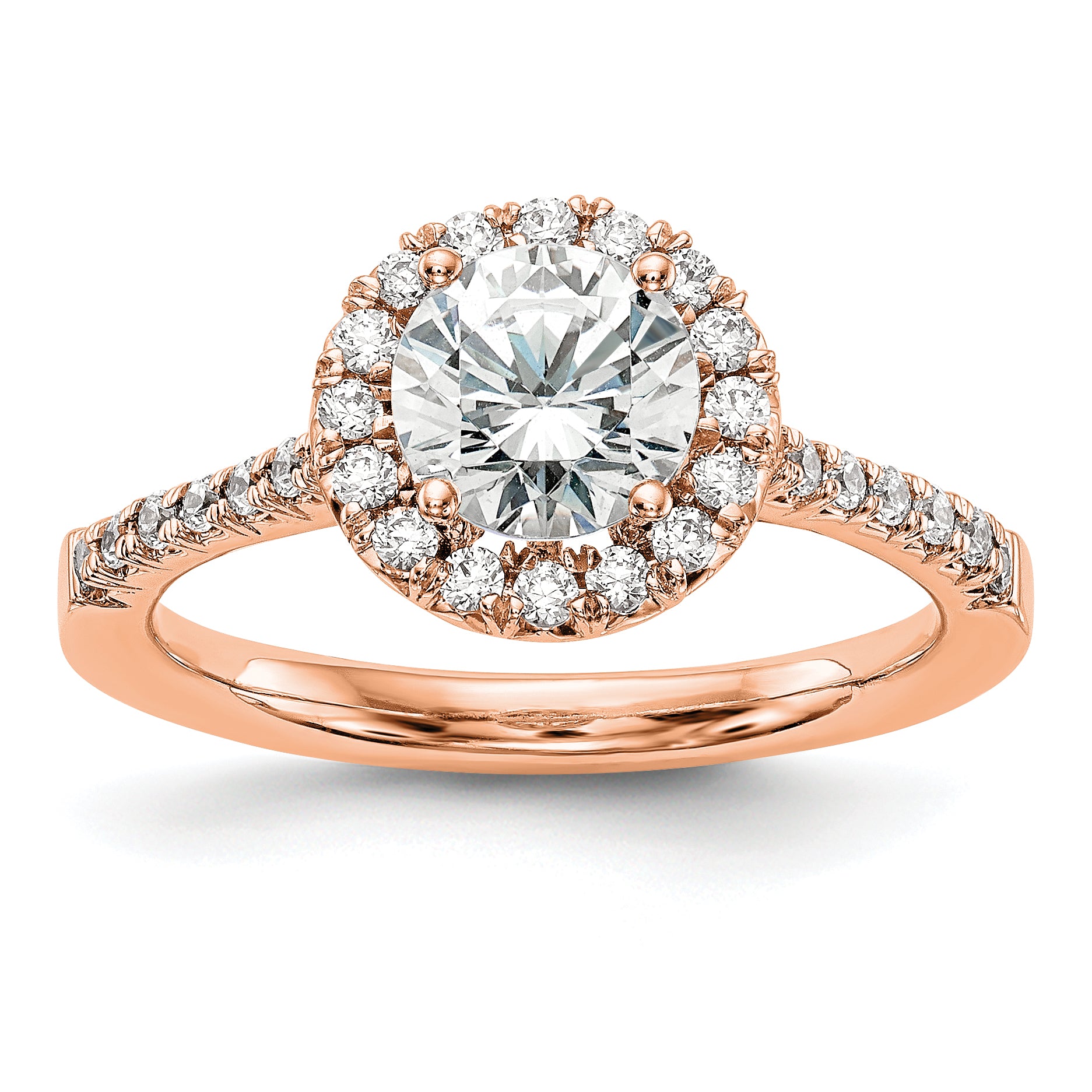 14k Rose Gold 3/4 carat Lab Grown Diamond VS/SI+ G+ Round Complete Size 7 Halo Engagement Ring