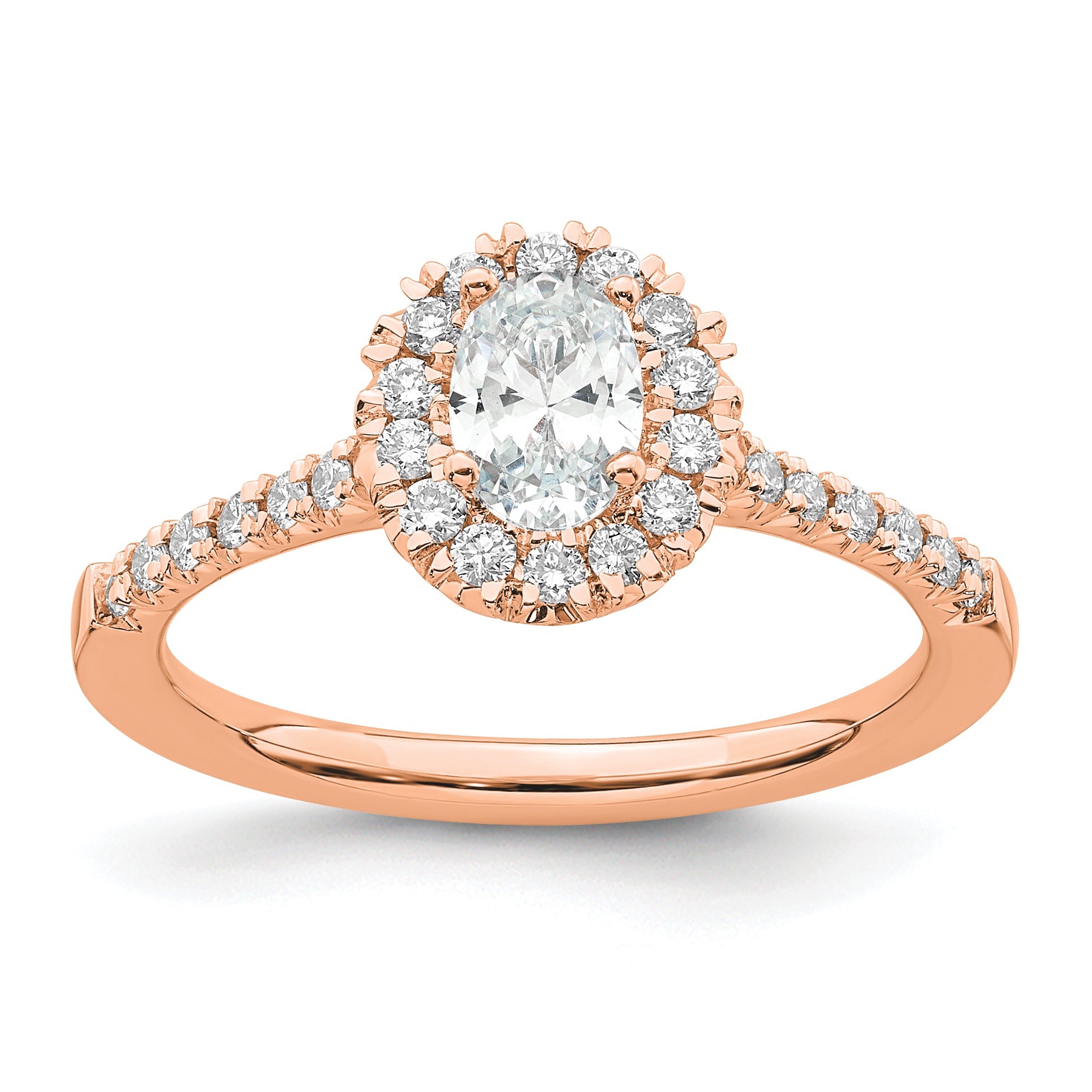 14k Rose Gold 1/3 carat Lab Grown Diamond VS/SI+ G+ 1/2 carat Center Oval Semi Mount Halo Engagement Ring