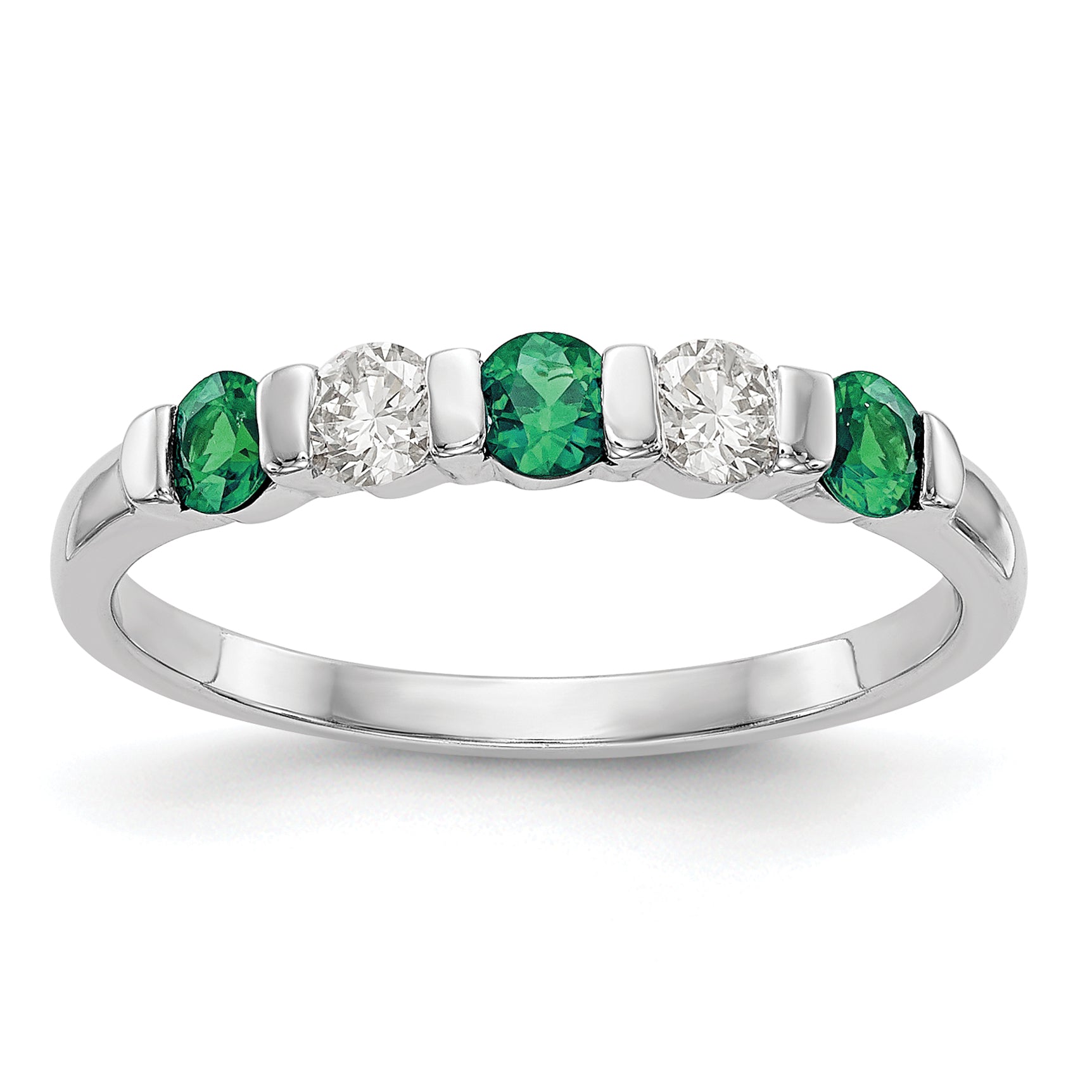 14k White Gold 1/5 carat Diamond and Emerald Complete Band