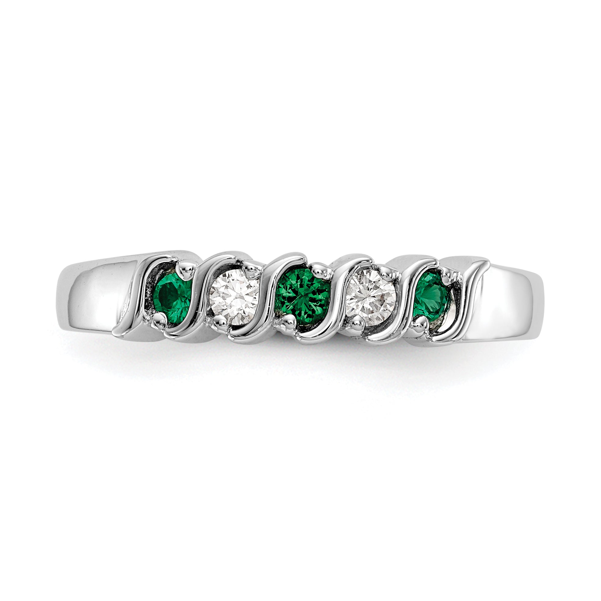 14k White Gold 1/10 carat Diamond and Emerald Complete Band