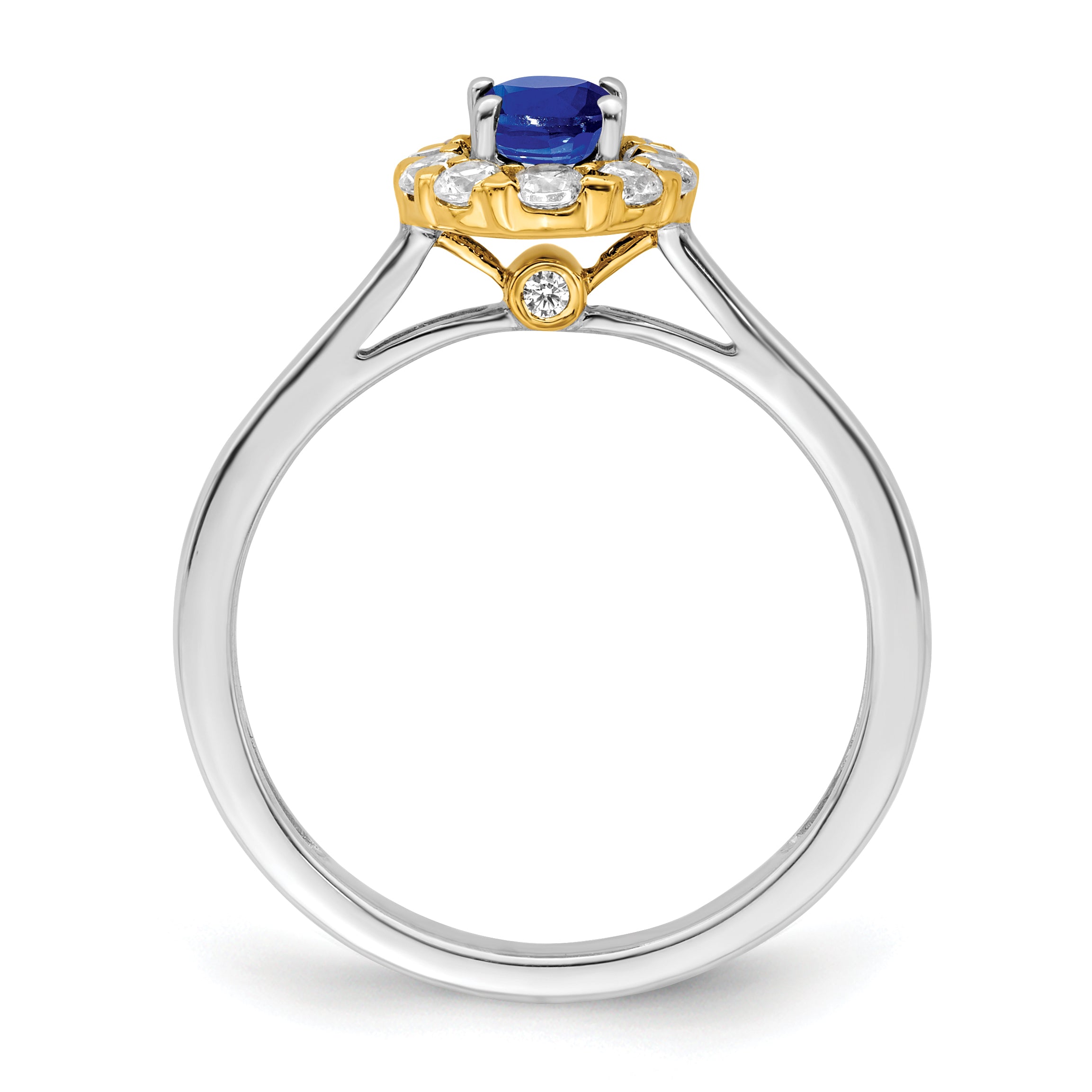 14k Two-Tone 5/8 carat Lab Grown Diamond VS/SI+ G+ and Oval Lab Created Blue Sapphire Halo Fashion Ring