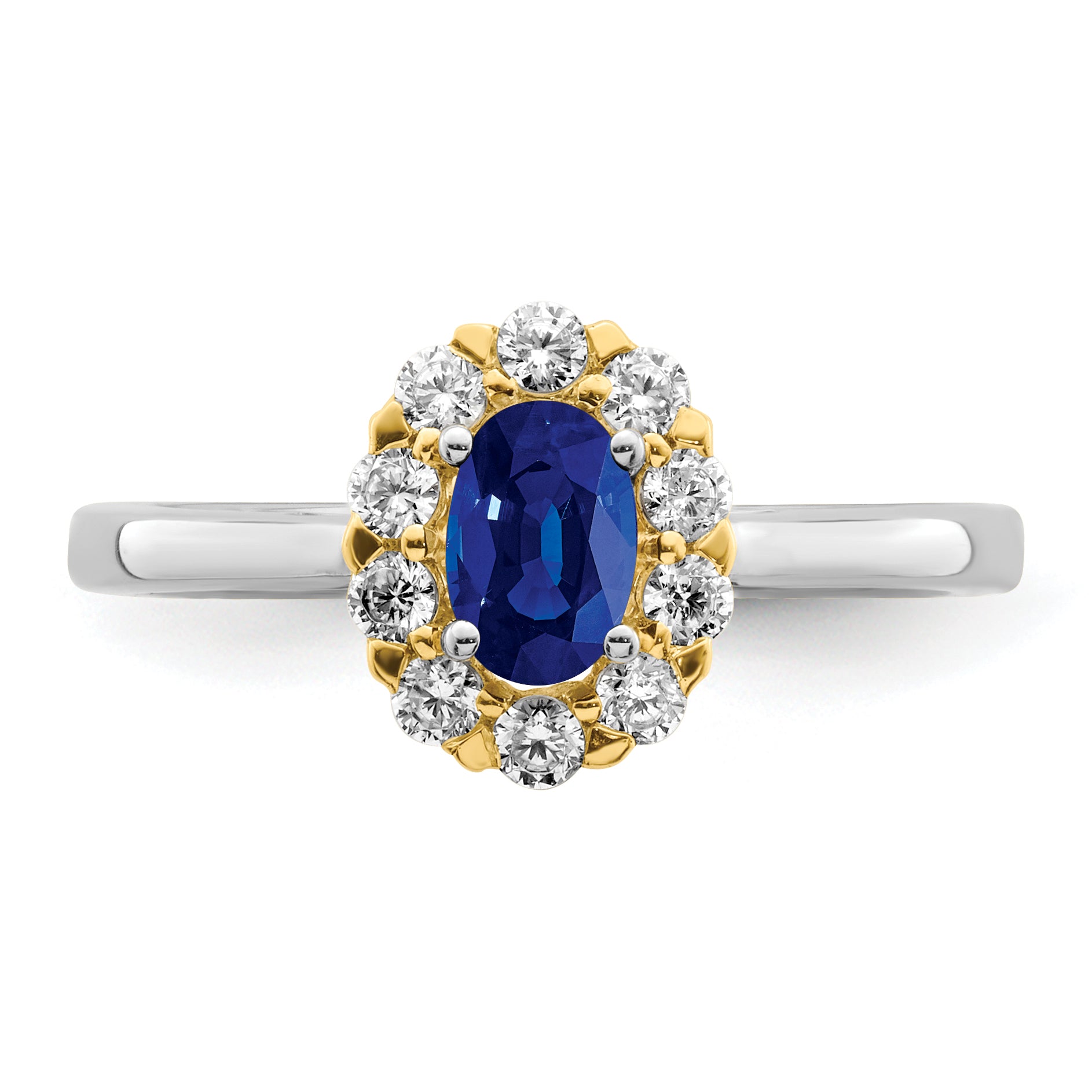 14k Two-Tone 5/8 carat Lab Grown Diamond VS/SI+ G+ and Oval Lab Created Blue Sapphire Halo Fashion Ring