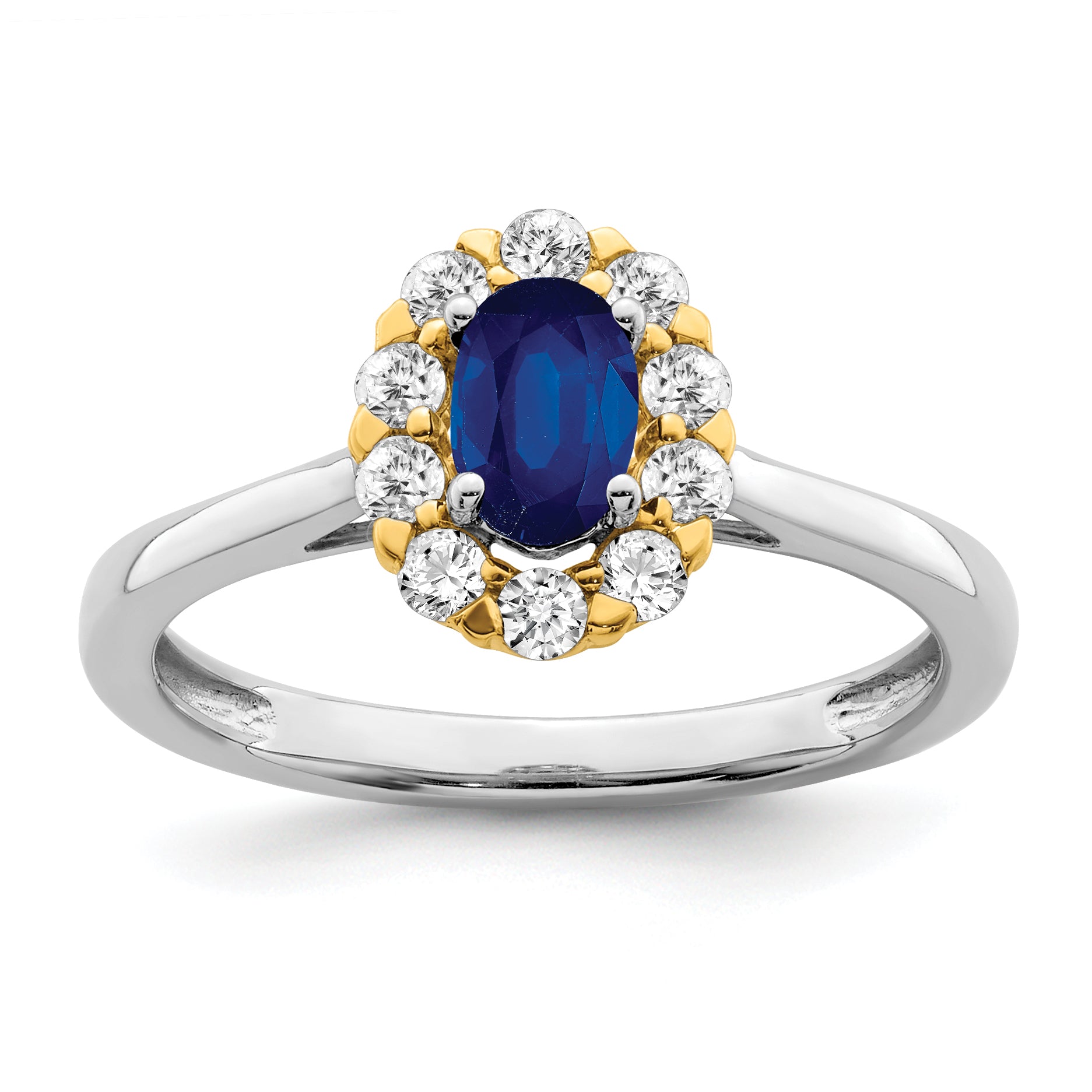 14k Two-Tone 5/8 carat Lab Grown Diamond VS/SI+ G+ and Oval Lab Created Blue Sapphire Halo Fashion Ring
