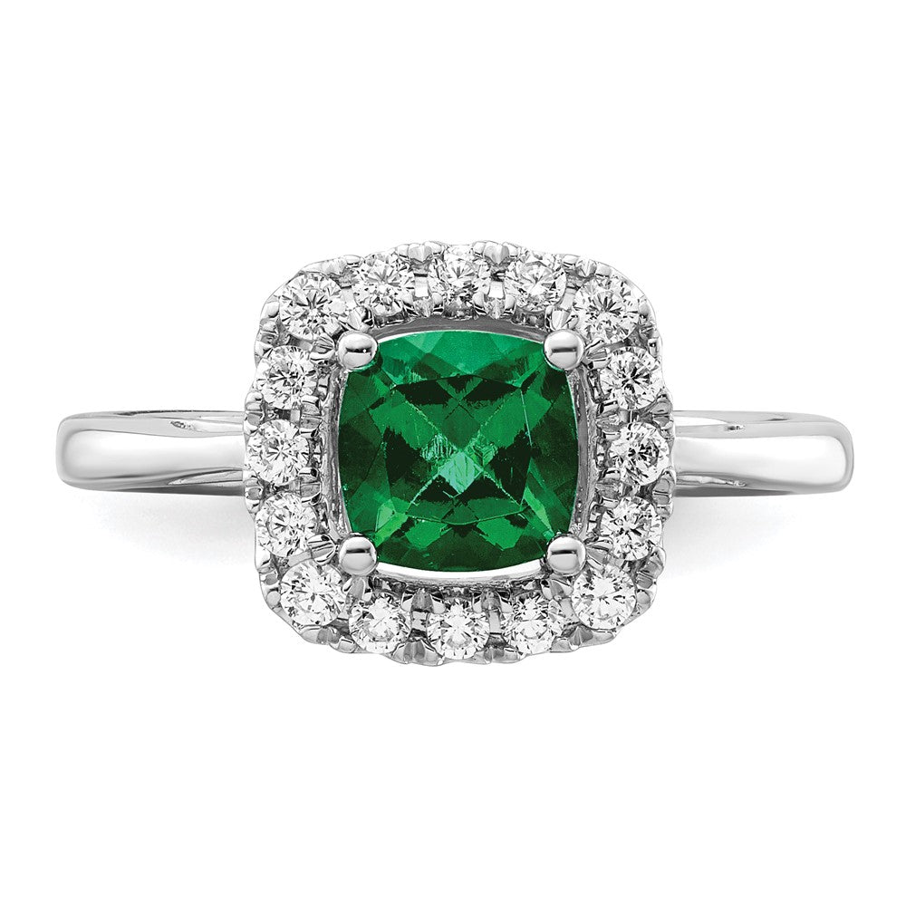 14K White Gold Lab Grown VS/SI FGH Dia and Created Emerald Halo Ring