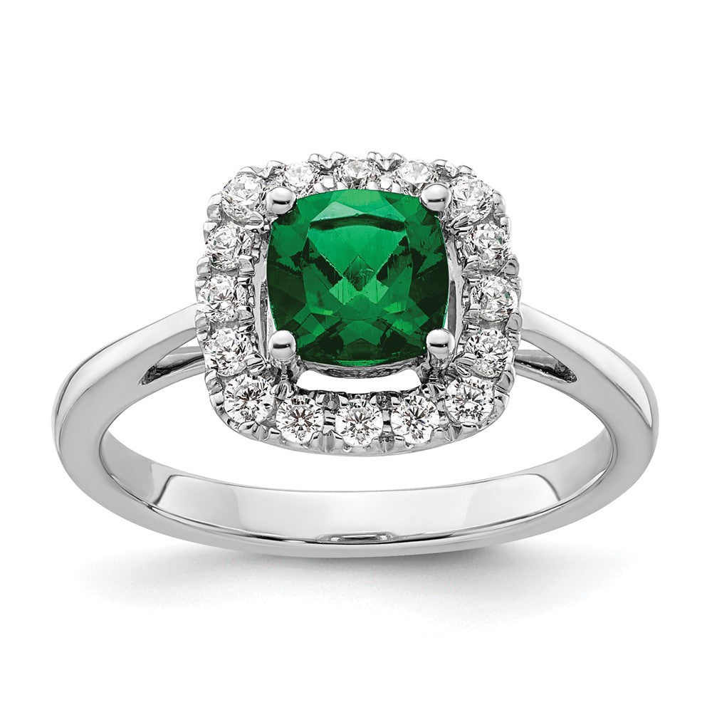 14K White Gold Lab Grown VS/SI FGH Dia and Created Emerald Halo Ring