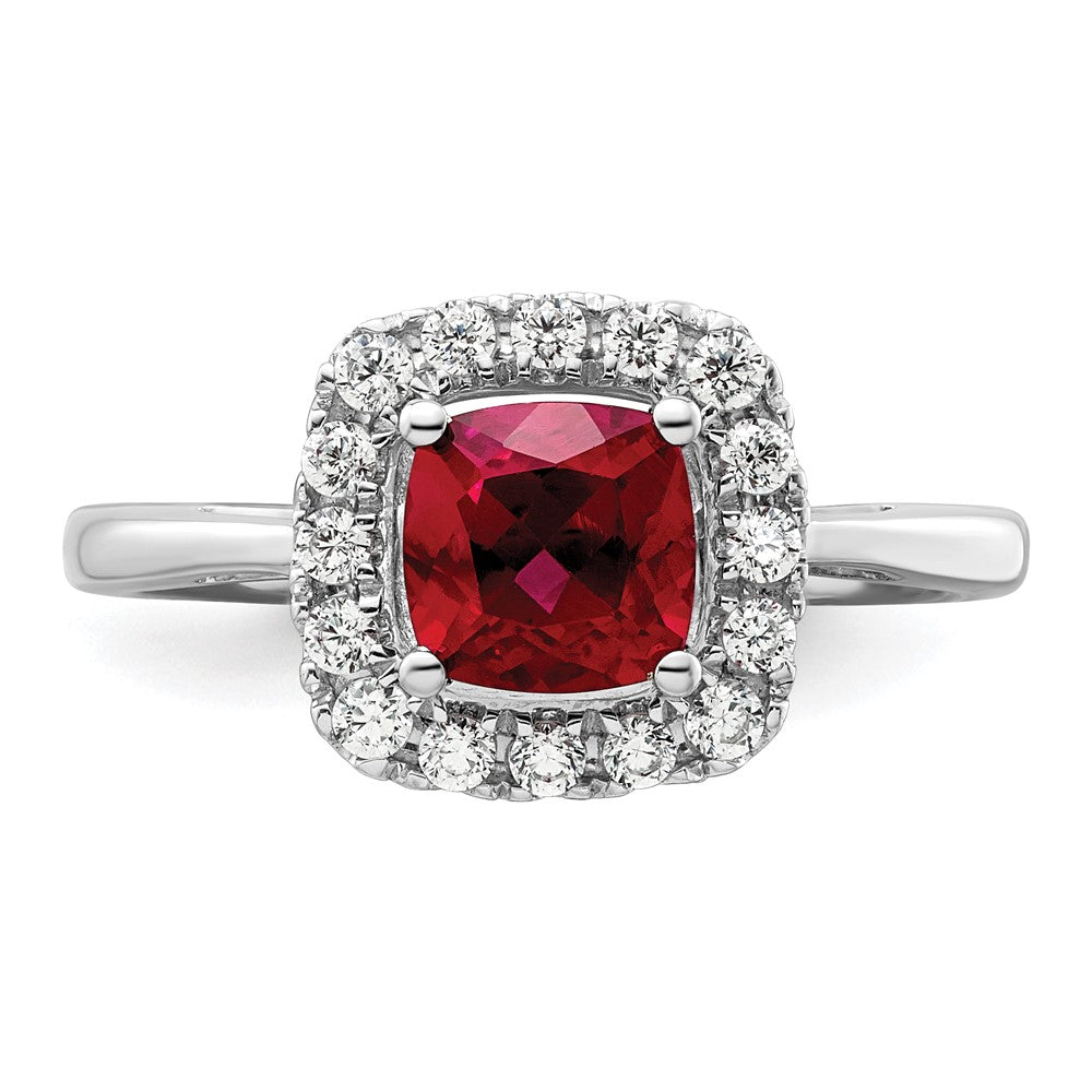 14K White Gold Lab Grown VS/SI FGH Dia and Created Ruby Halo Ring