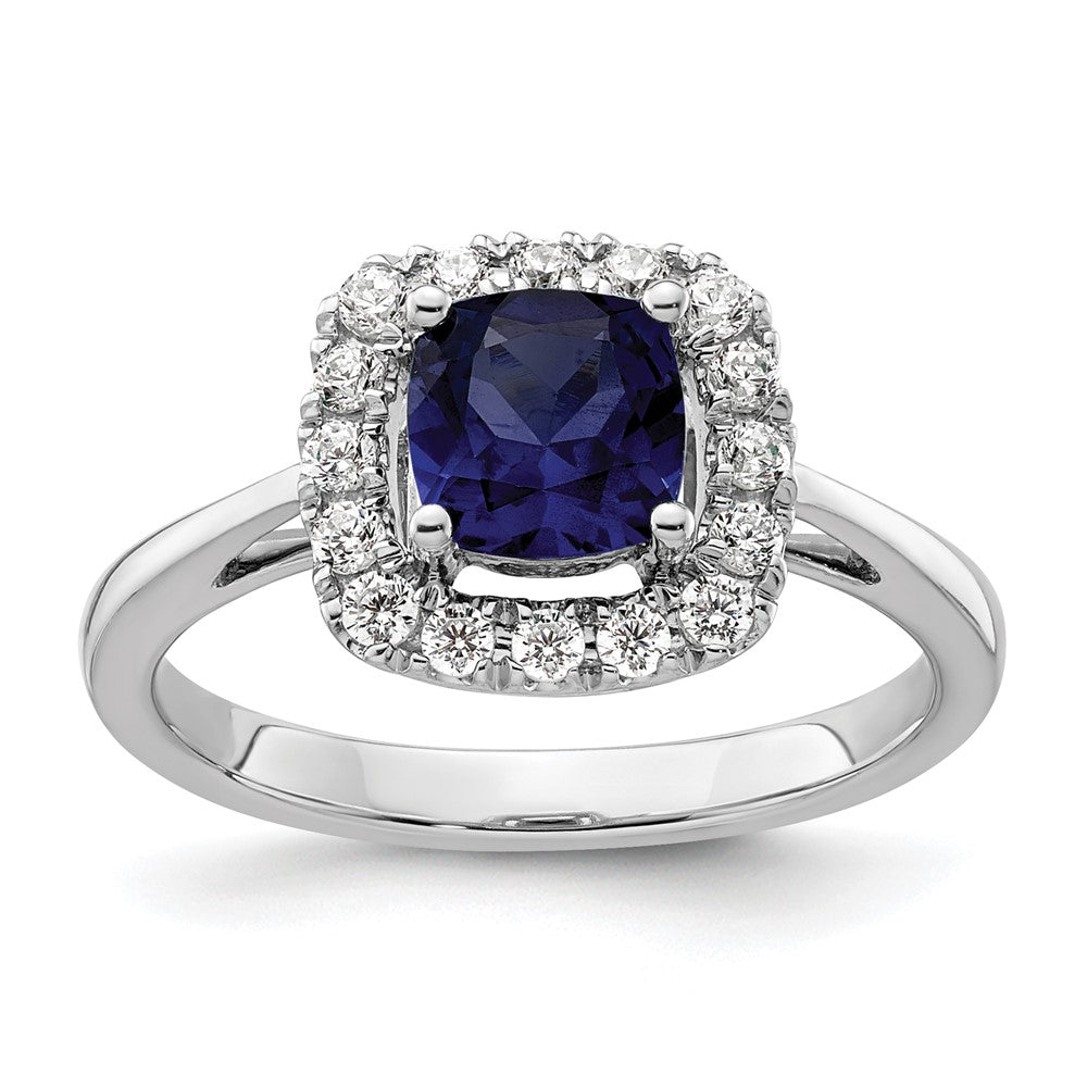 14K White Gold Lab Grown VS/SI FGH Dia and Created Blue Sapphire Halo Ring