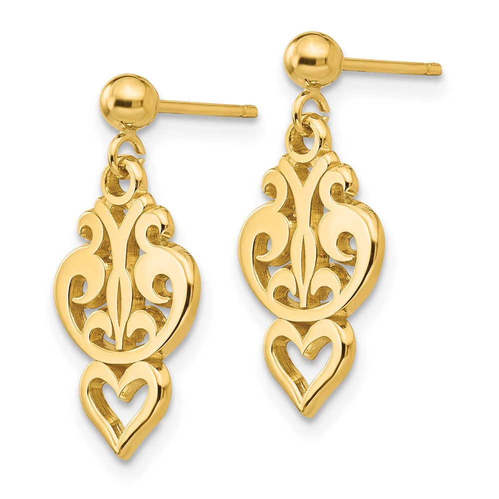 14k Polished Filigree Fancy Heart Post Dangle Earrings