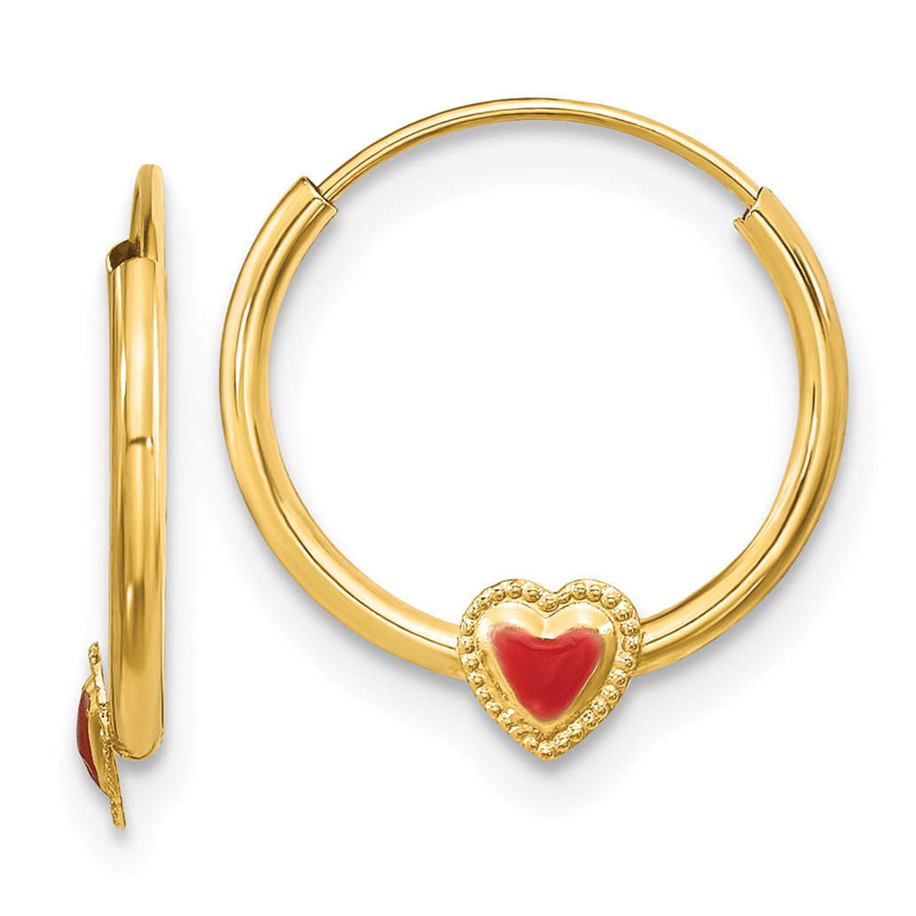 14K Madi K Polished Red Enameled Heart Hoops