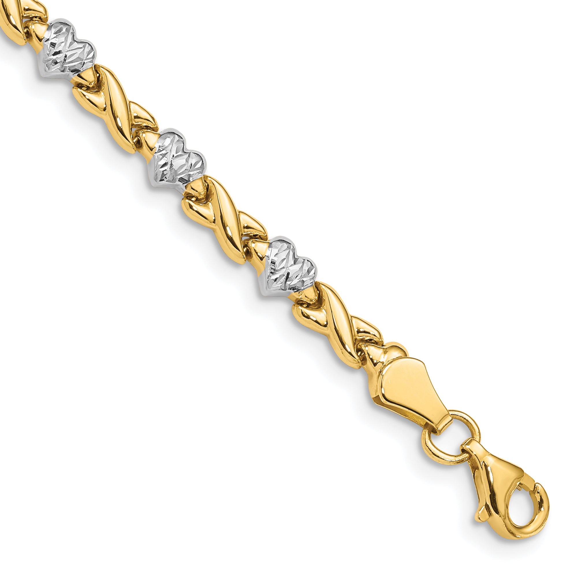14K W/Rhodium Polished Heart And X Bracelet