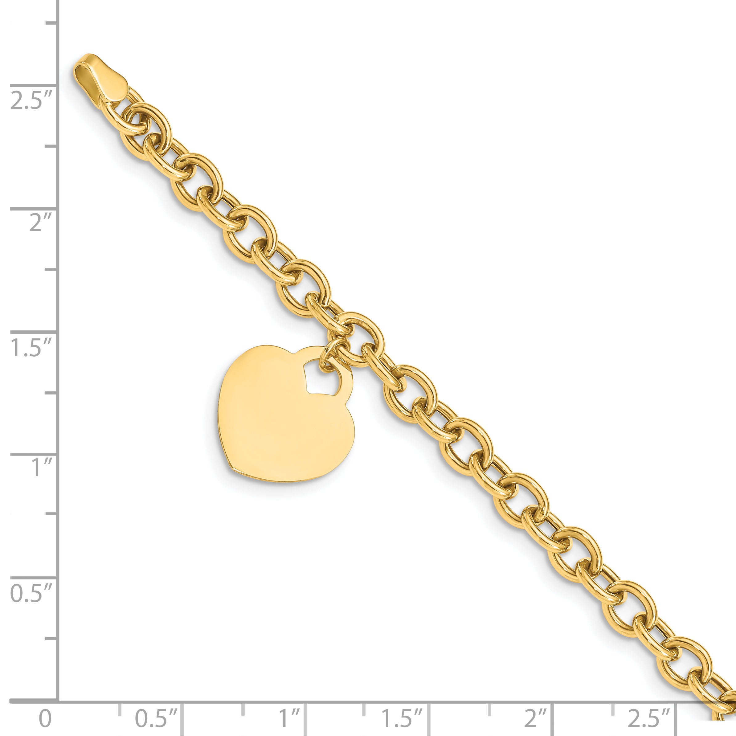 14K Engravable 18x15mm Solid Dangle Heart Charm and Hollow Chain 7.25 inch Bracelet