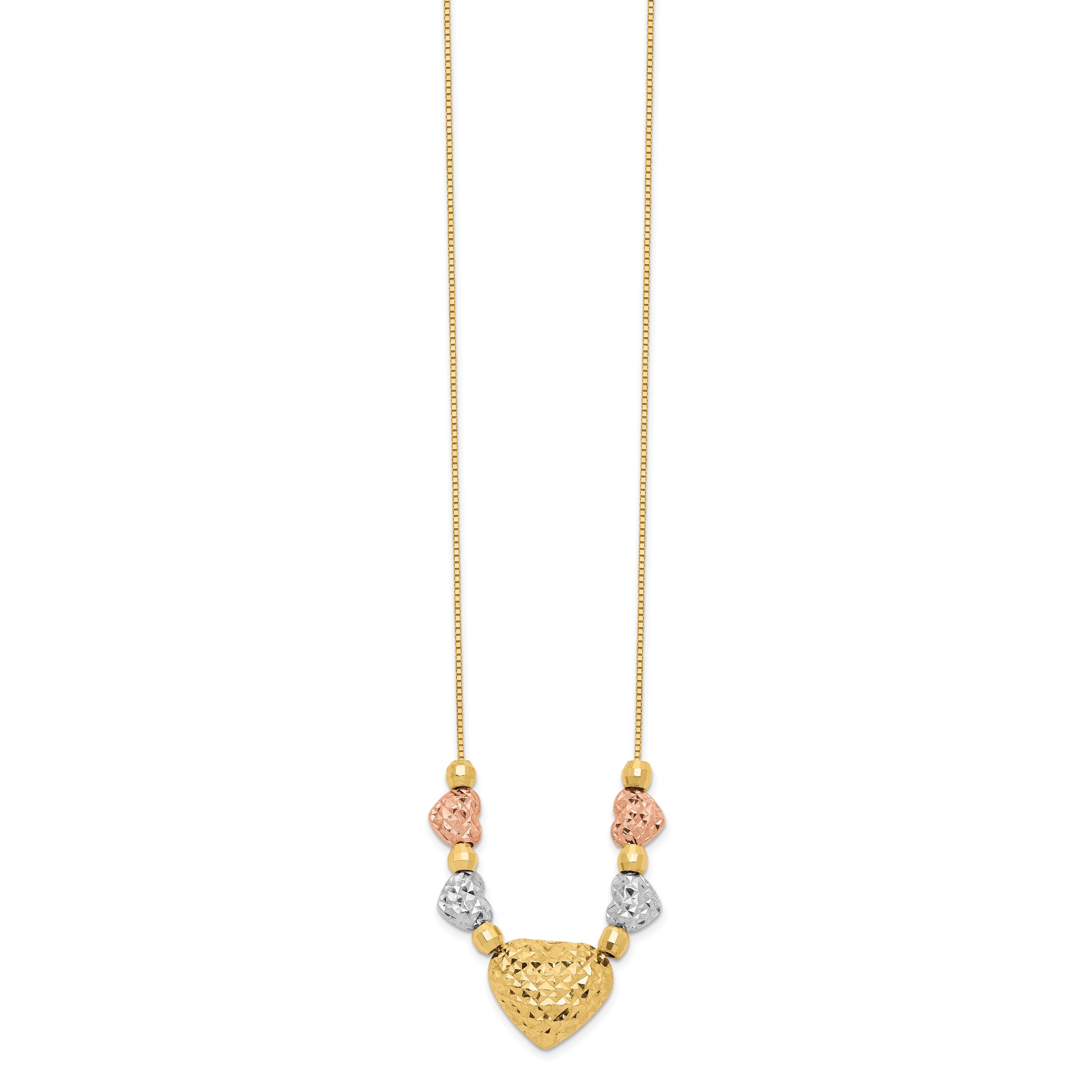 14k Tri-color Textured Puffed and Flat Hearts and Beads 18 inch Necklace
