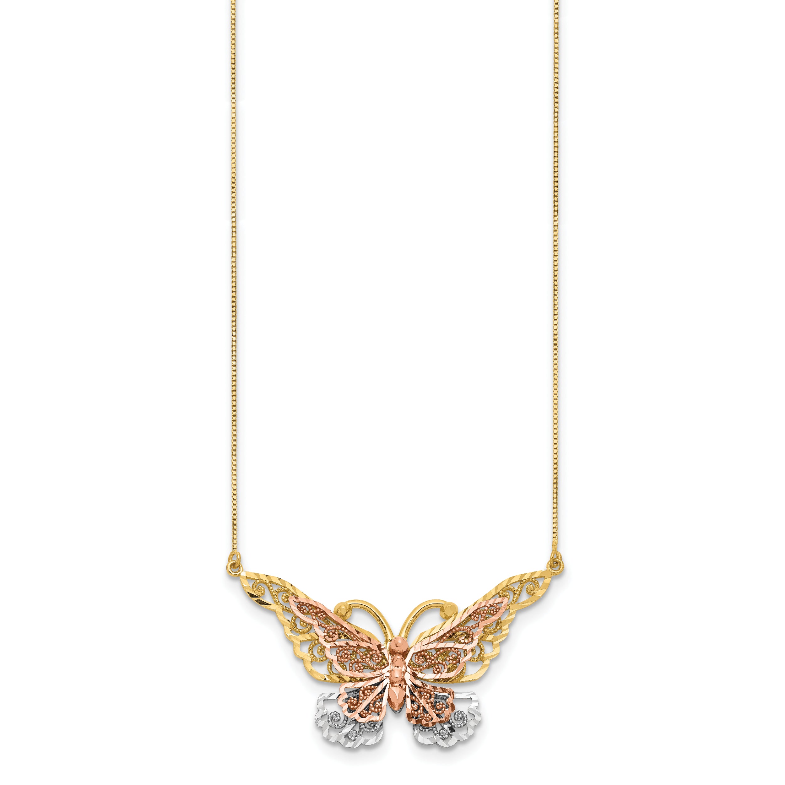 14k Yellow and Rose Gold with White Rhodium Large Filigree Butterfly 17 inch Necklace