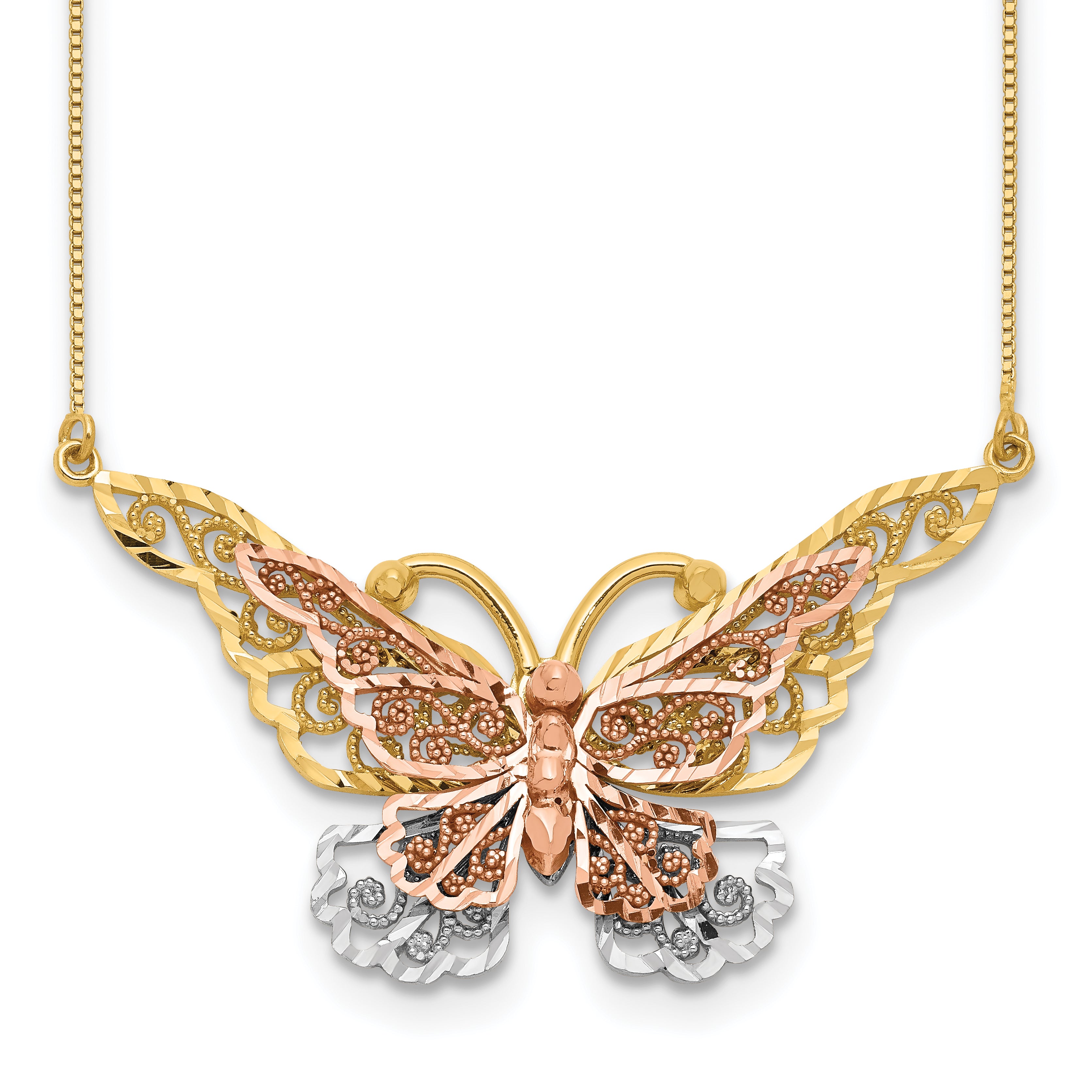 14k Yellow and Rose Gold with White Rhodium Large Filigree Butterfly 17 inch Necklace