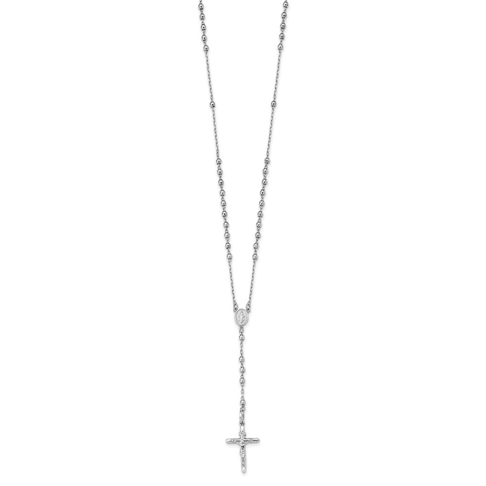 14k White Gold Diamond-cut 3mm Beaded Rosary 24 inch Necklace