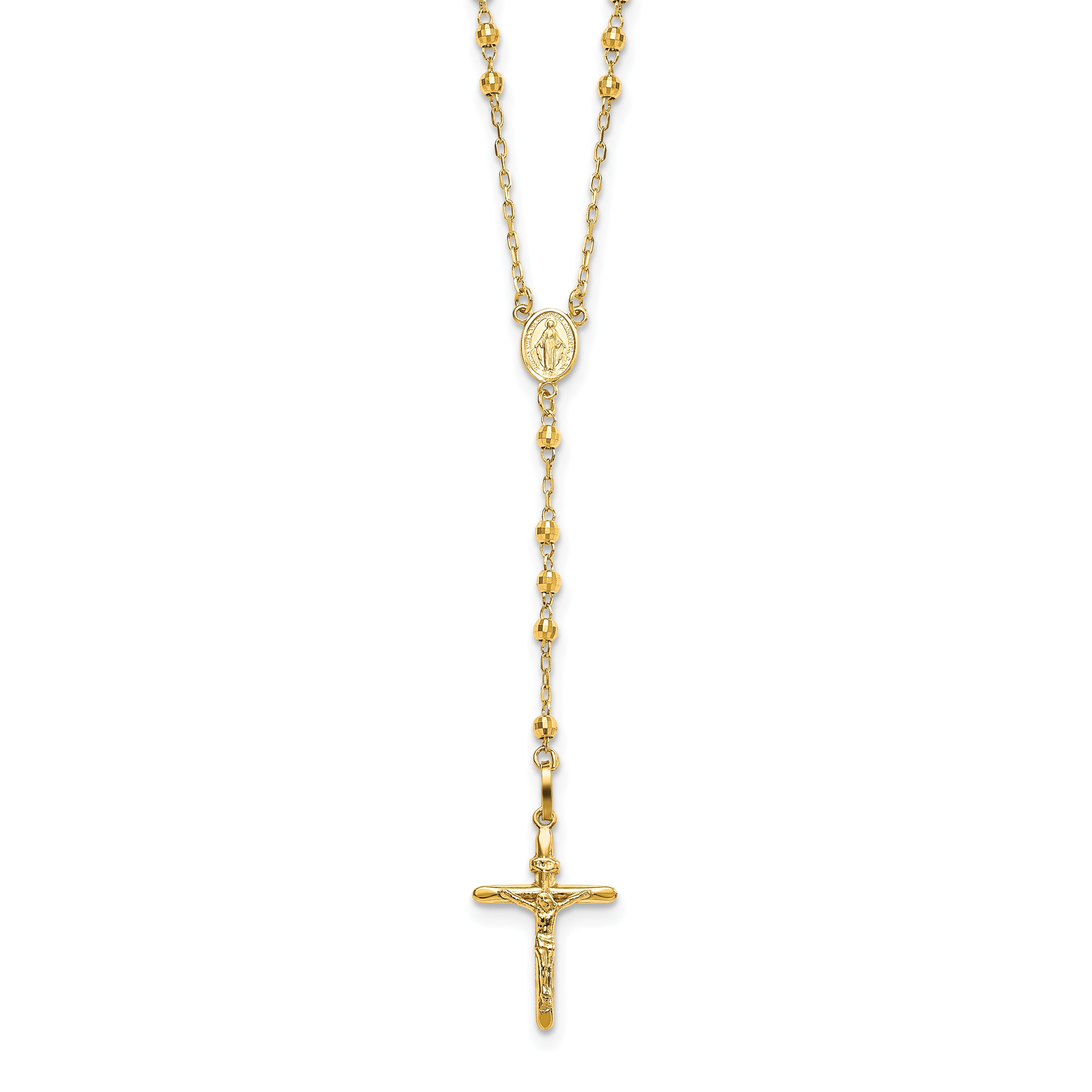 14k Polished Crucifix and Miraculous Medal with 3mm Mirror Beads Semi-solid 24 inch Rosary Necklace