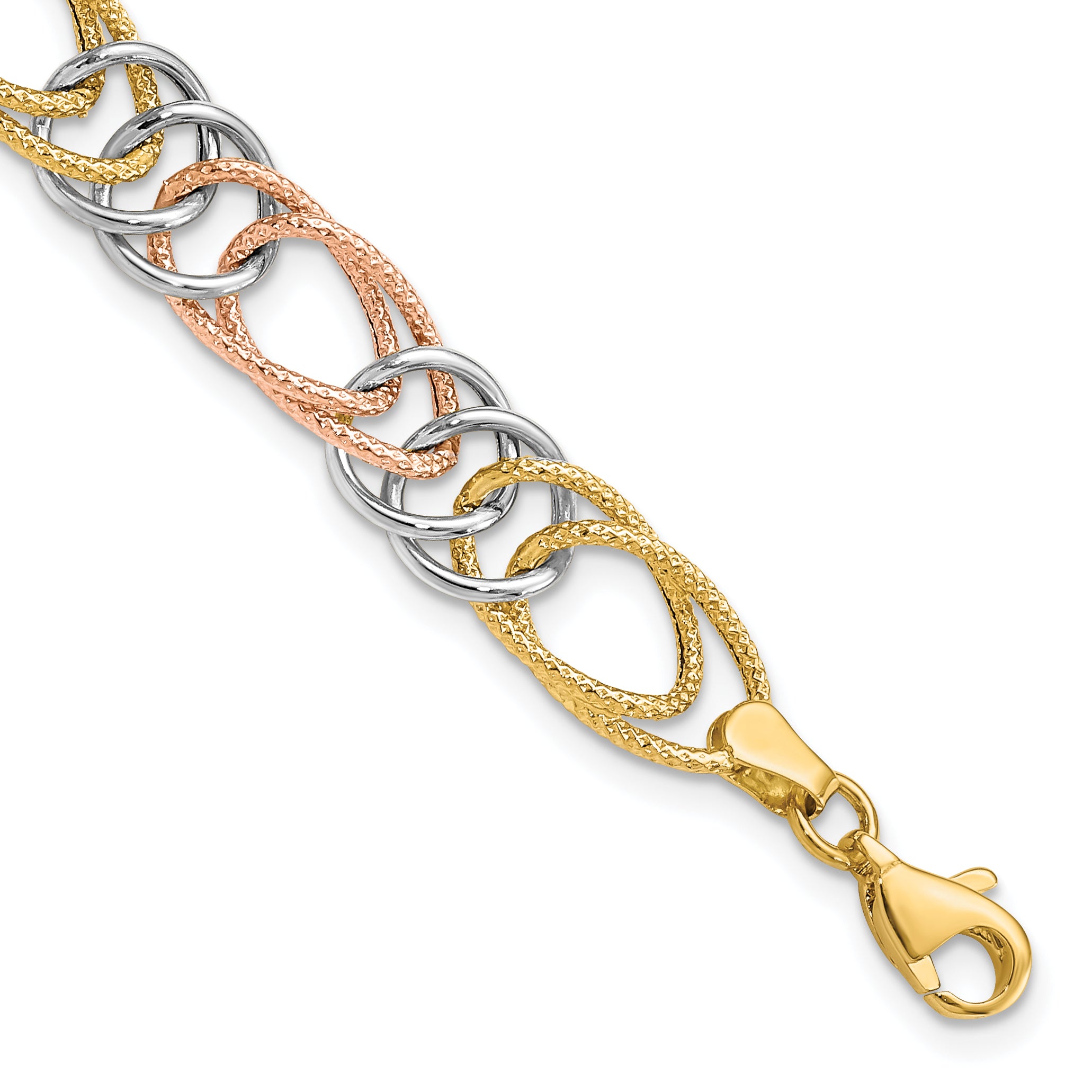 14K Tri-Color Polished/Textured Fancy Double Link Bracelet