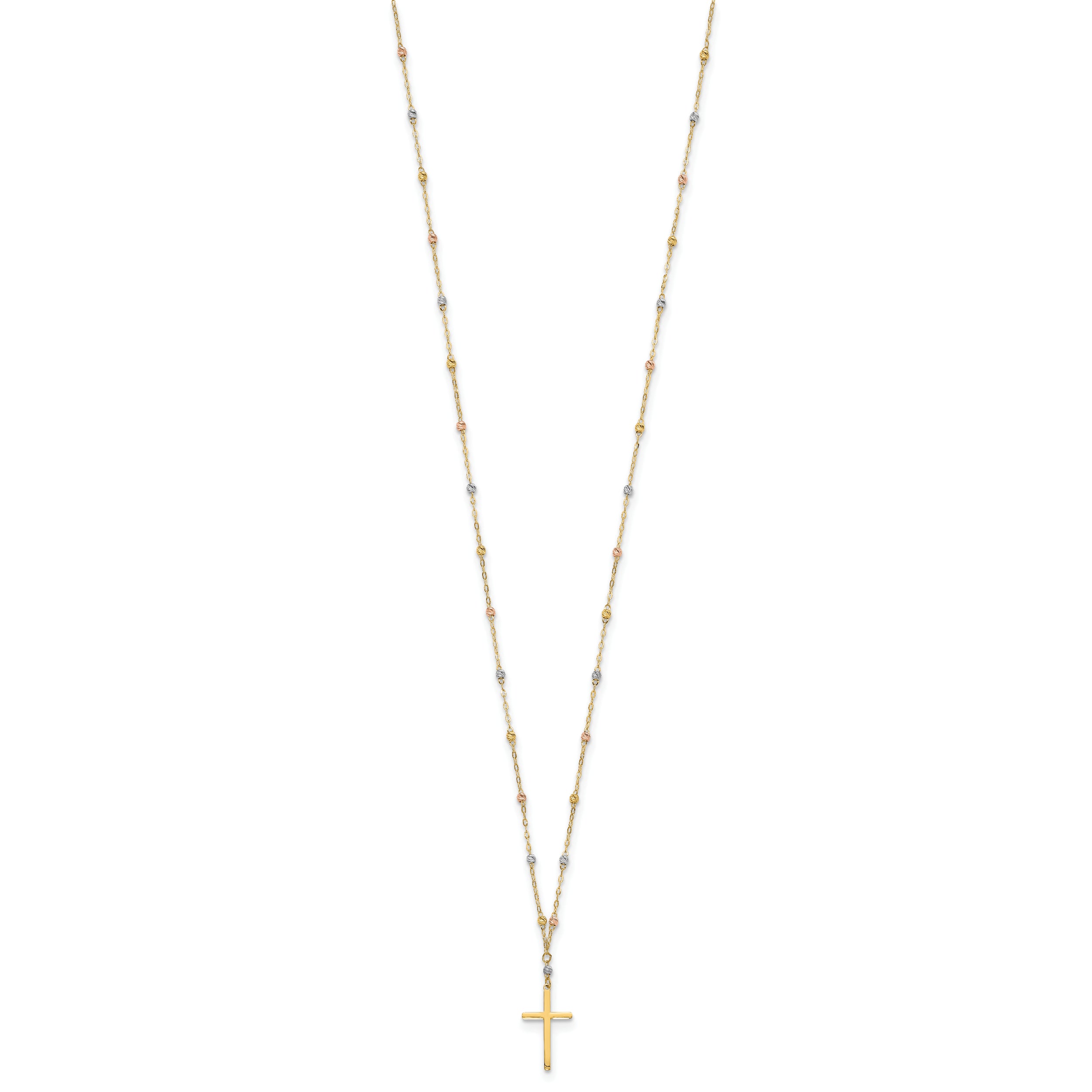 14K Tri-Color Diamond-Cut Beaded Polished Cross Necklace