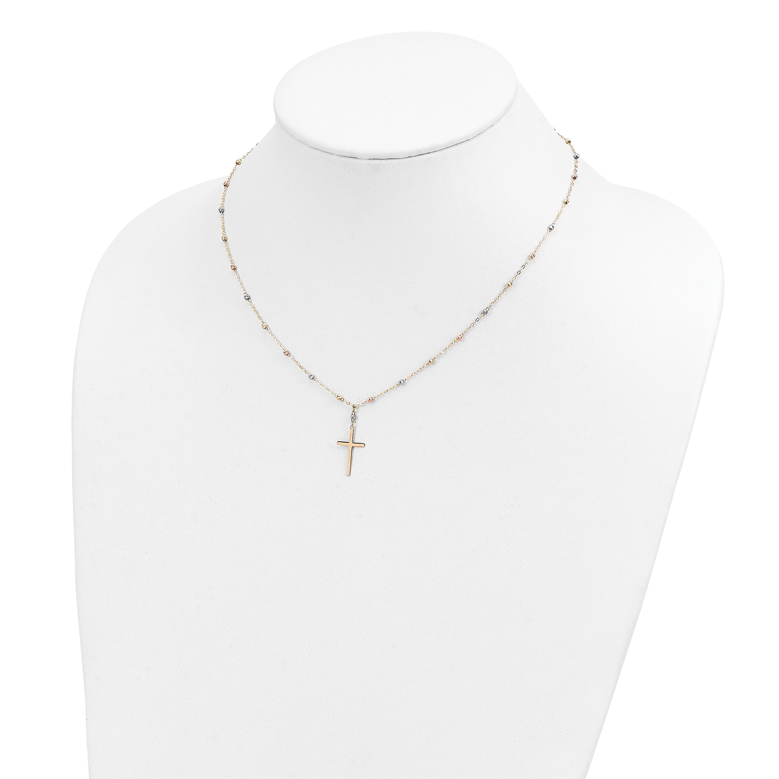 14K Tri-Color Diamond-Cut Beaded Polished Cross Necklace